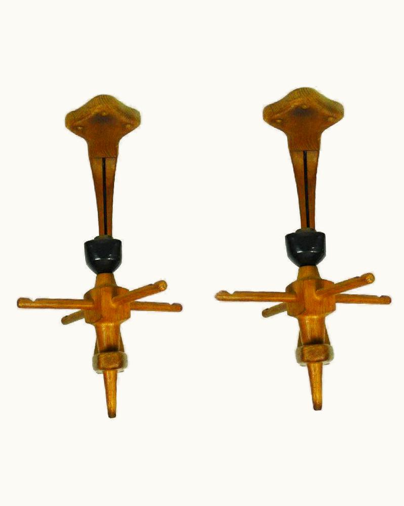 Guillerme et Chambron Guillerme et Chambron Pair Of Guillerme Et Chambron Wall Sconces Oak Wood & Ceramic French Folk Art 60