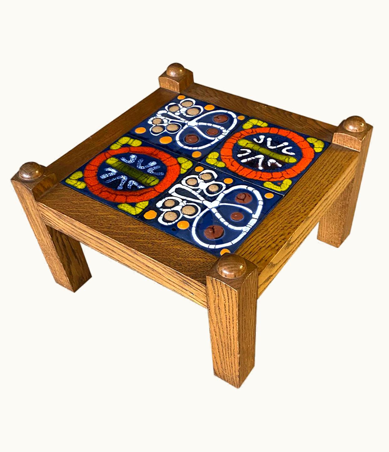 Guillerme et Chambron Guillerme et Chambron, Oak And Ceramic Sofa Table Edition Votre Maison, 1970