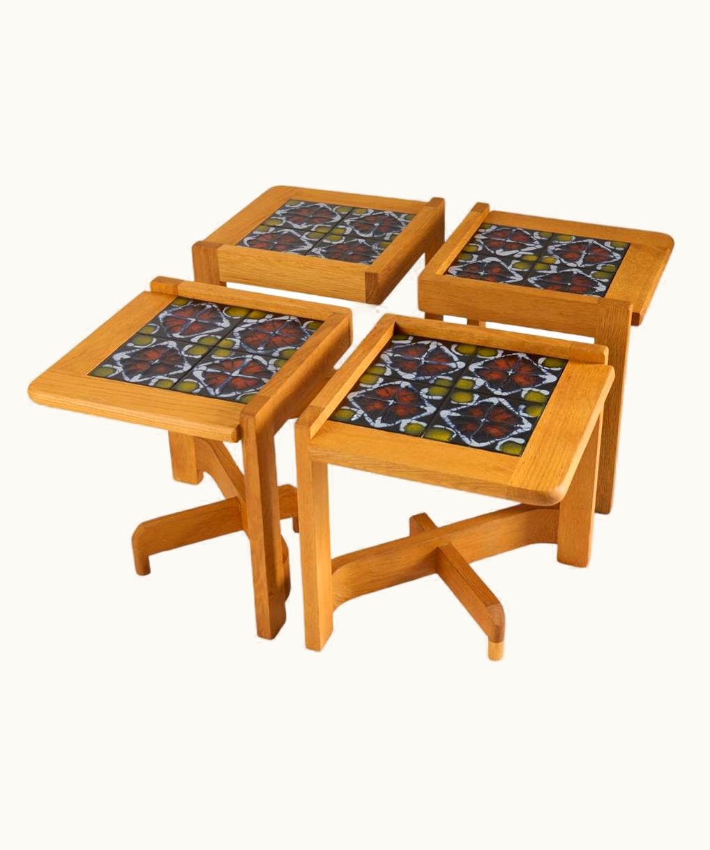 Guillerme et Chambron Guillerme et Chambron, Set Of 4 Side Tables, Oak & Ceramic Coffee Table, France