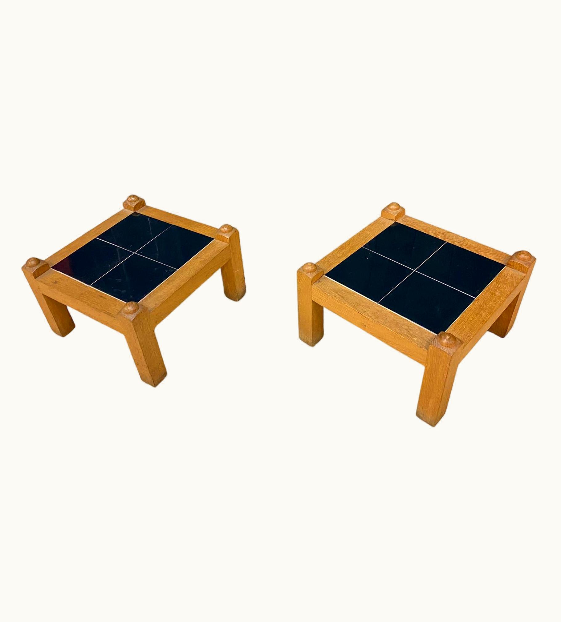 Guillerme et Chambron Pair Of Side Tables In Oak And Ceramic, Votre Maison 1970