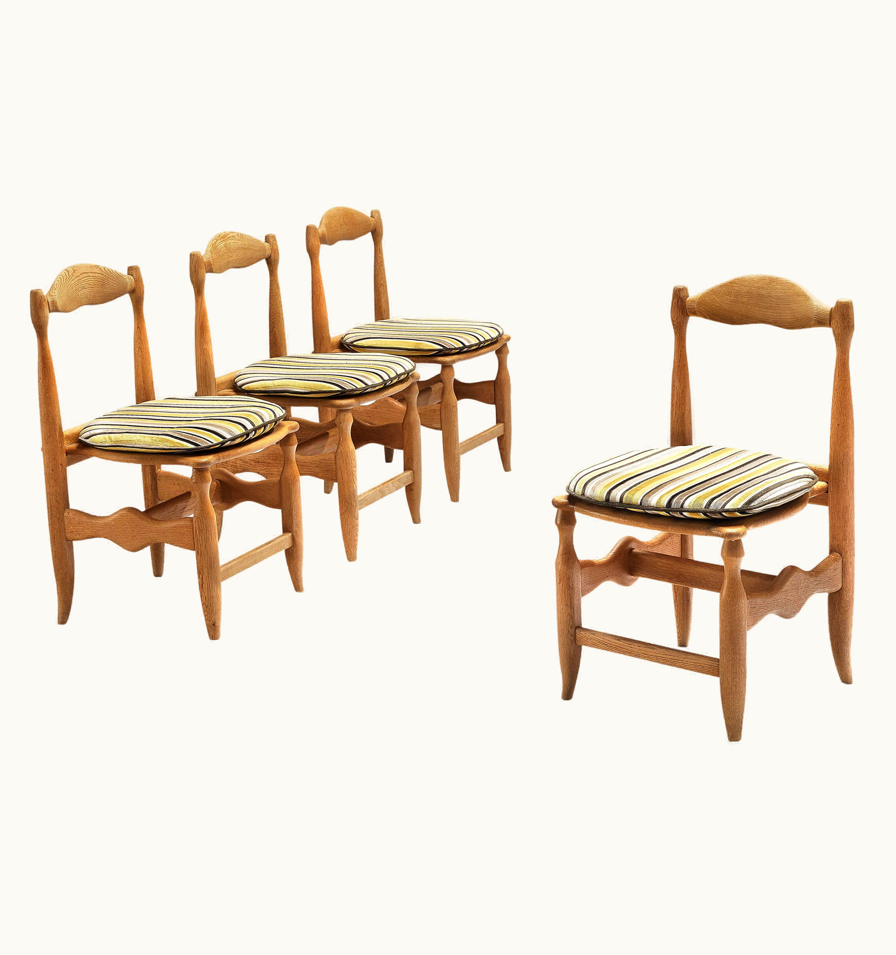 Guillerme et Chambron Set Of Four Dining Chairs In Oak And Striped Fabric