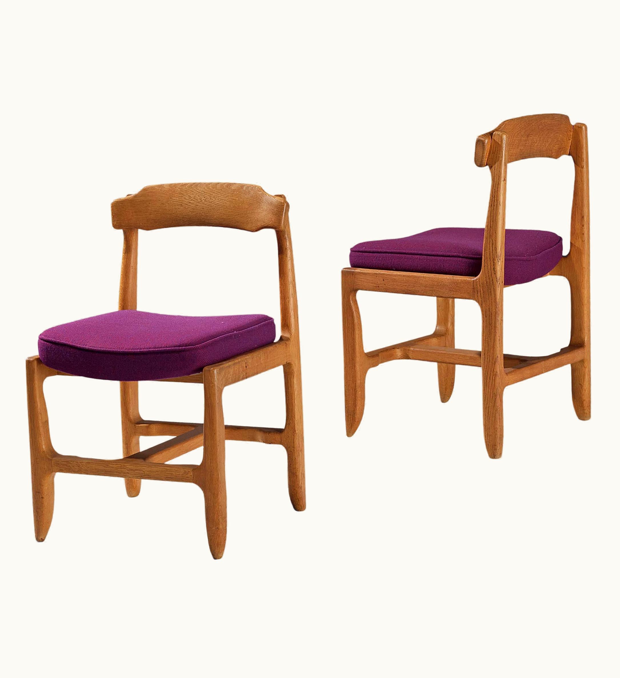 Guillerme et Chambron Guillerme et Chambron Pair Of Dining Chairs In Solid Oak And Purple Upholstery