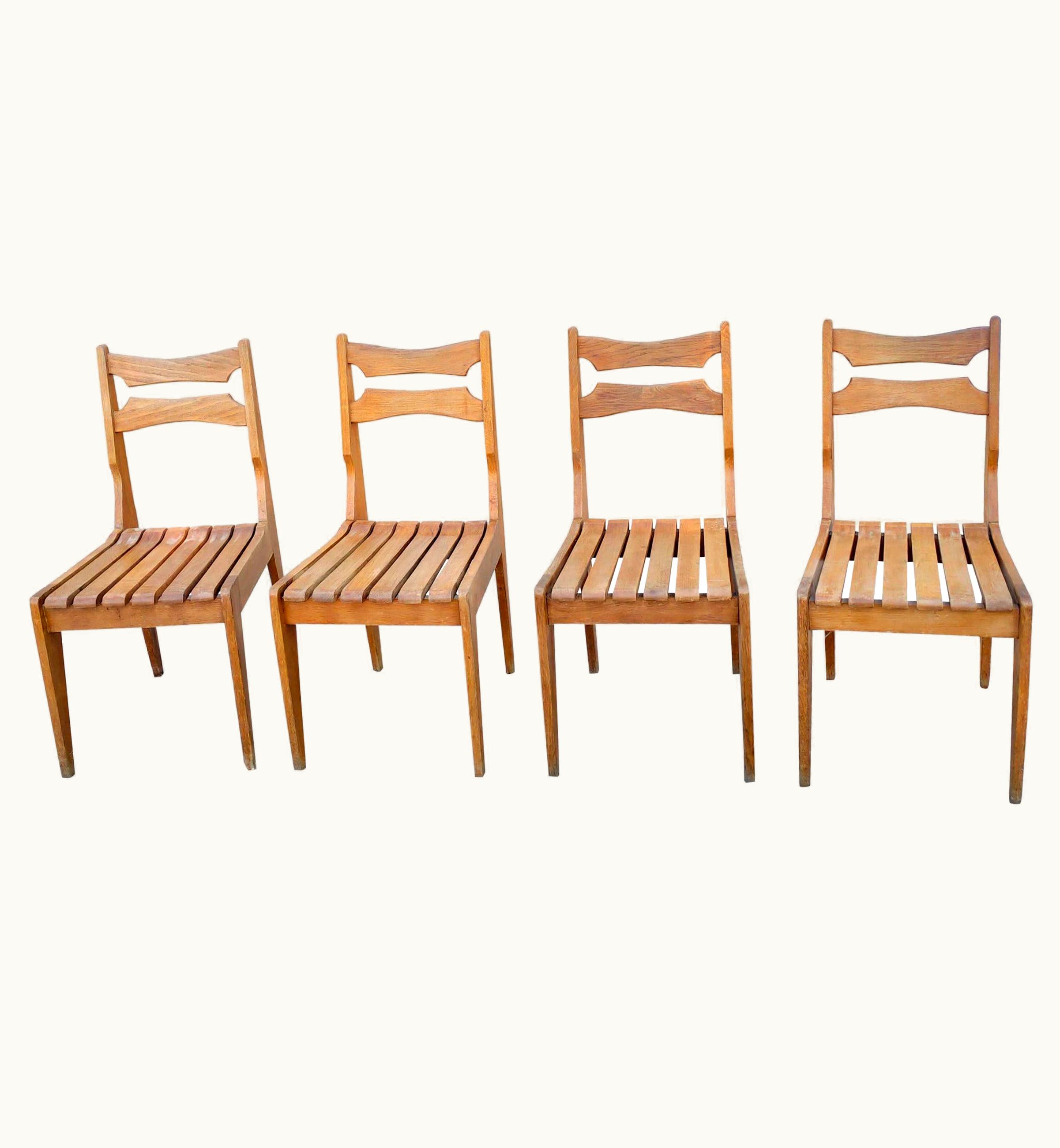 Guillerme et Chambron Guillerme et Chambron Set Of 4 Solid Oak Slats Chairs By Guillerme & Chambron, France, 1960s