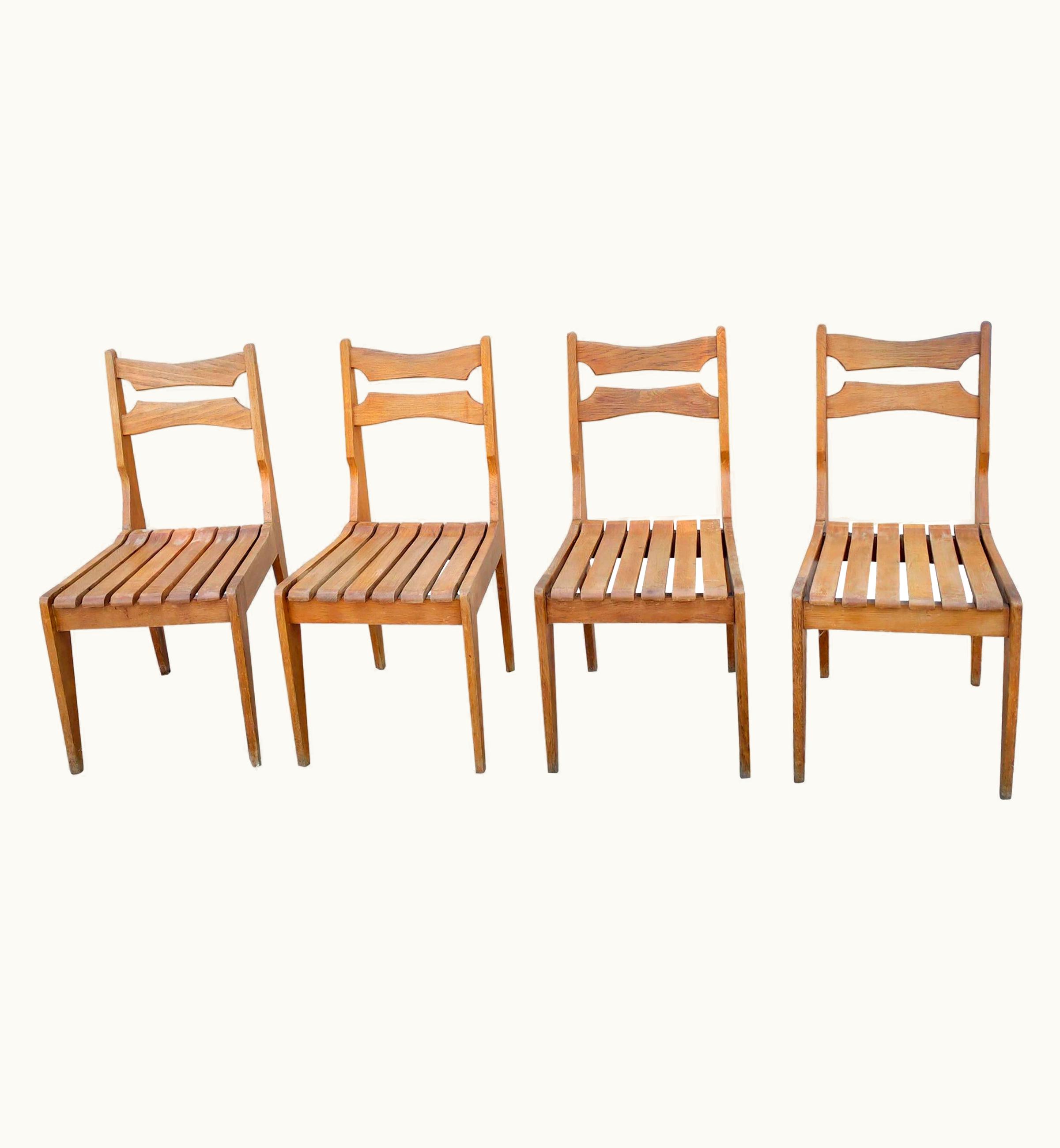 Guillerme et Chambron Guillerme et Chambron Minimalist Solid Oak Slats Chairs By Guillerme & Chambron, France, 1960s