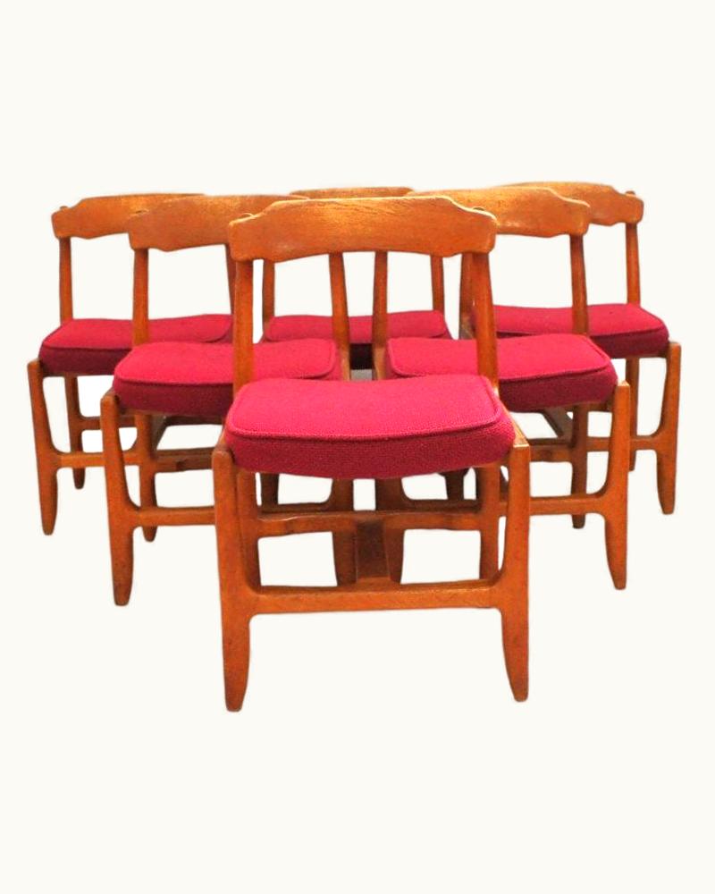 Guillerme et Chambron Series Of Six Solid Oak Chairs, Véronique Model, By Guillerme And Chambron