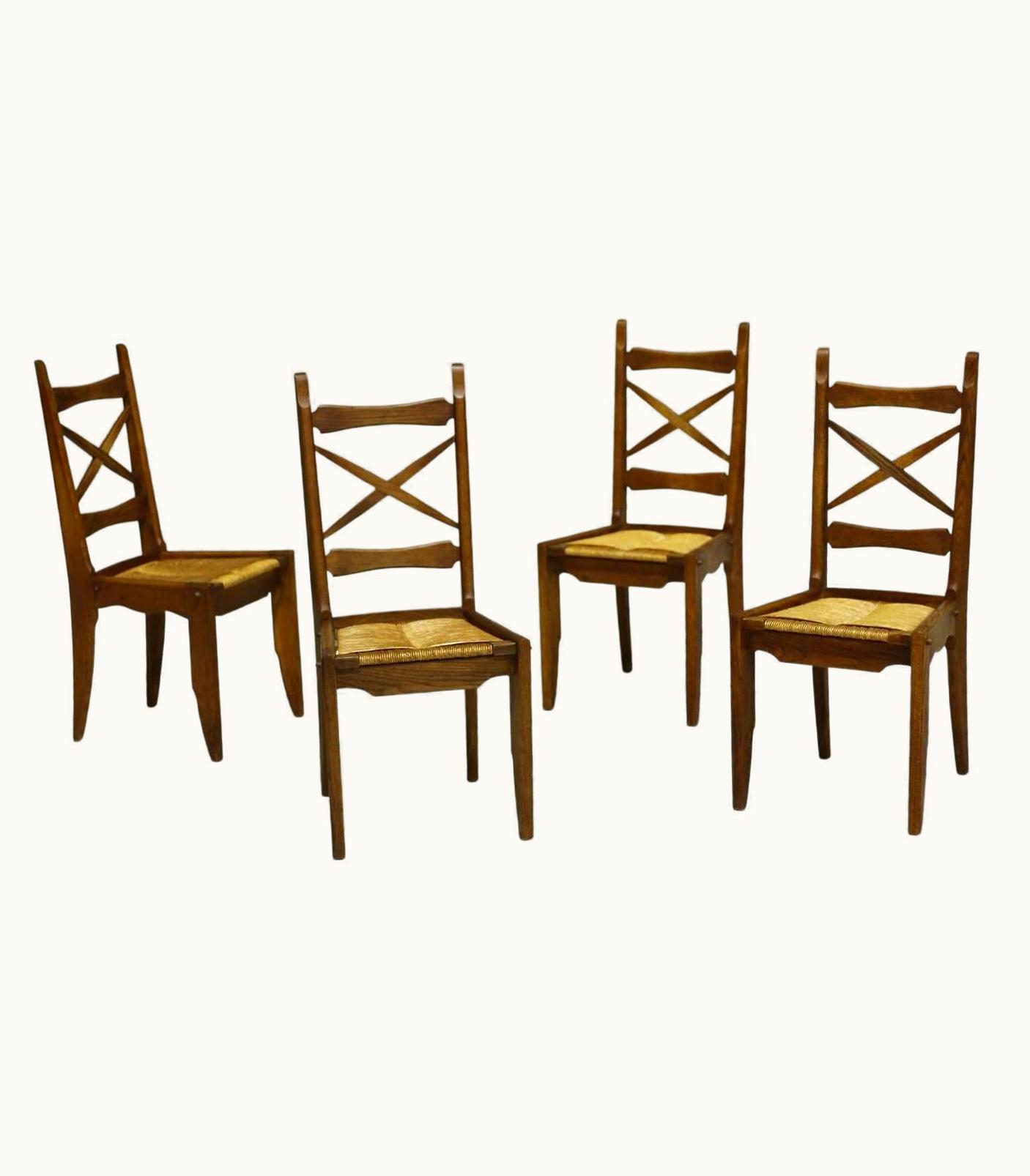 Guillerme et Chambron Set Of 4 Guillerme Et Chambron Oak And Rush Seated Dining Chairs