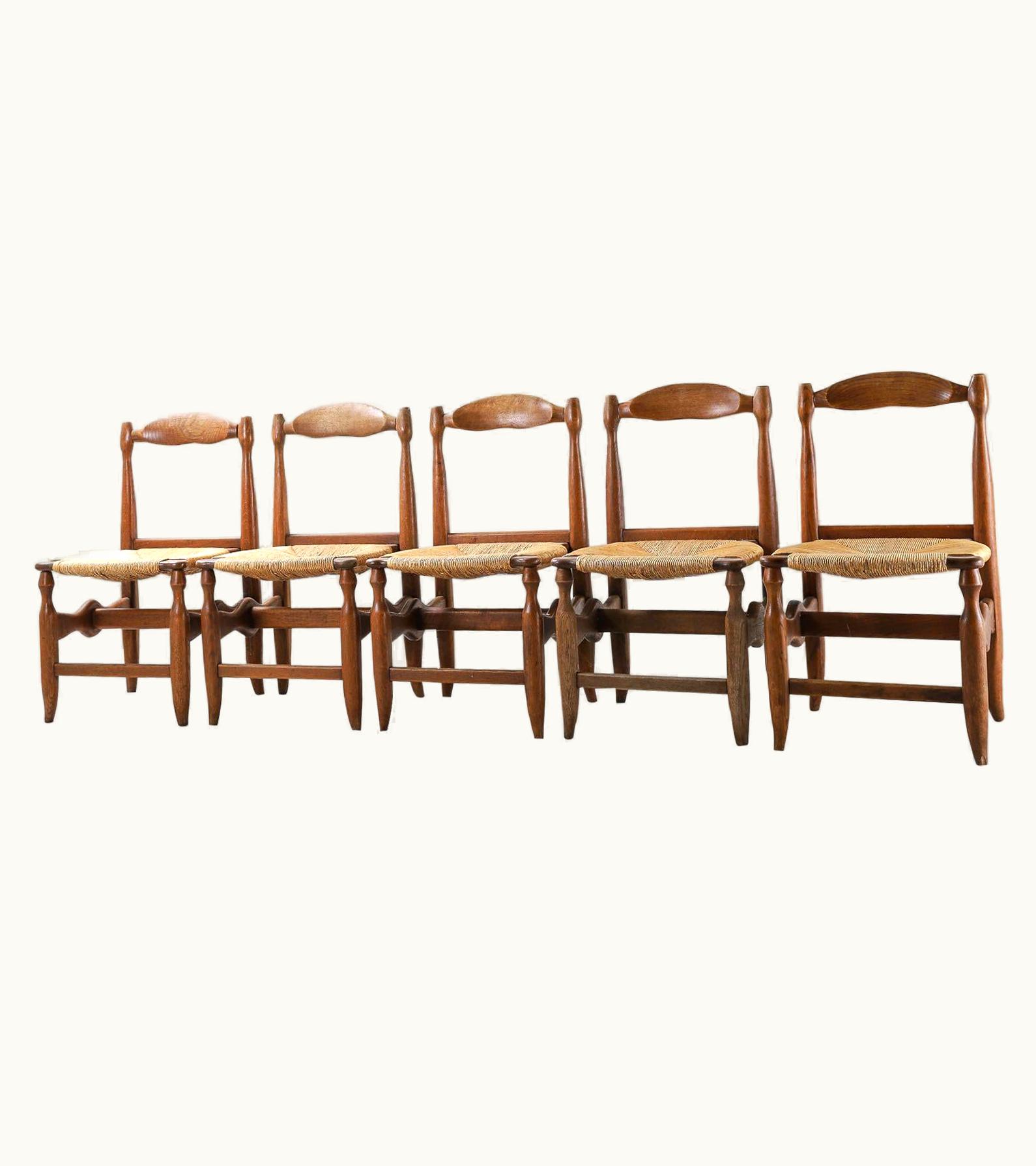 Guillerme et Chambron Set Of 5 Guillerme Et Chambron Oak And Rush Chairs