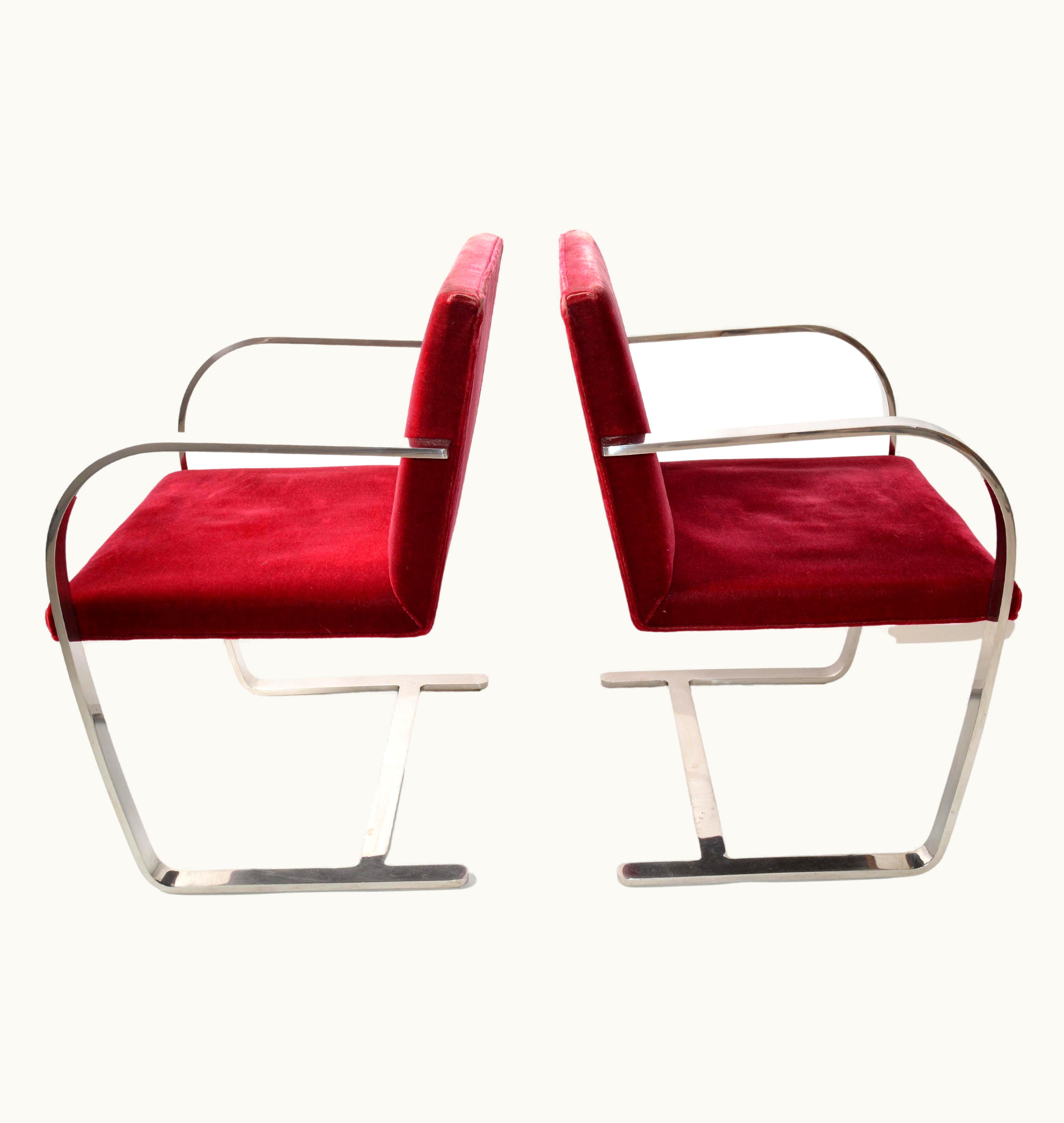 Ludwig Mies van der Rohe Ludwig Mies van der Rohe Mies Van Der Rohe For Knoll Stainless Steel Brno Chairs Red Velvet 1979, Pair