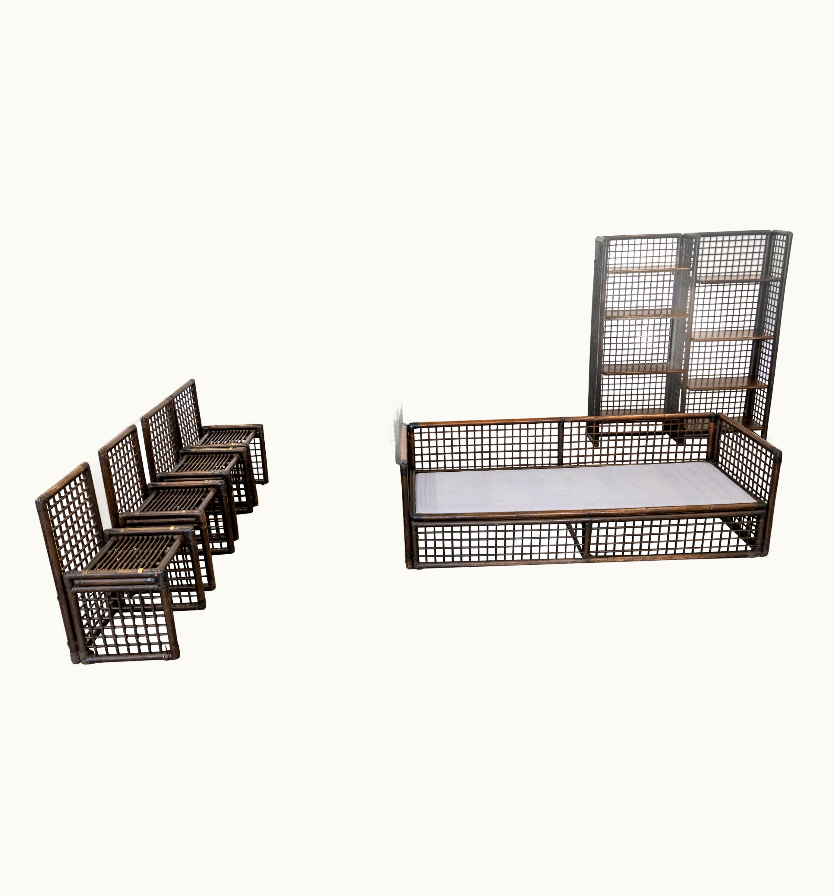 Afra & Tobia Scarpa Afra & Tobia Scarpa Basilian I Set By Afra And Tobia Scarpa Rattan Brass Bookcase, Chairs, Sofa
