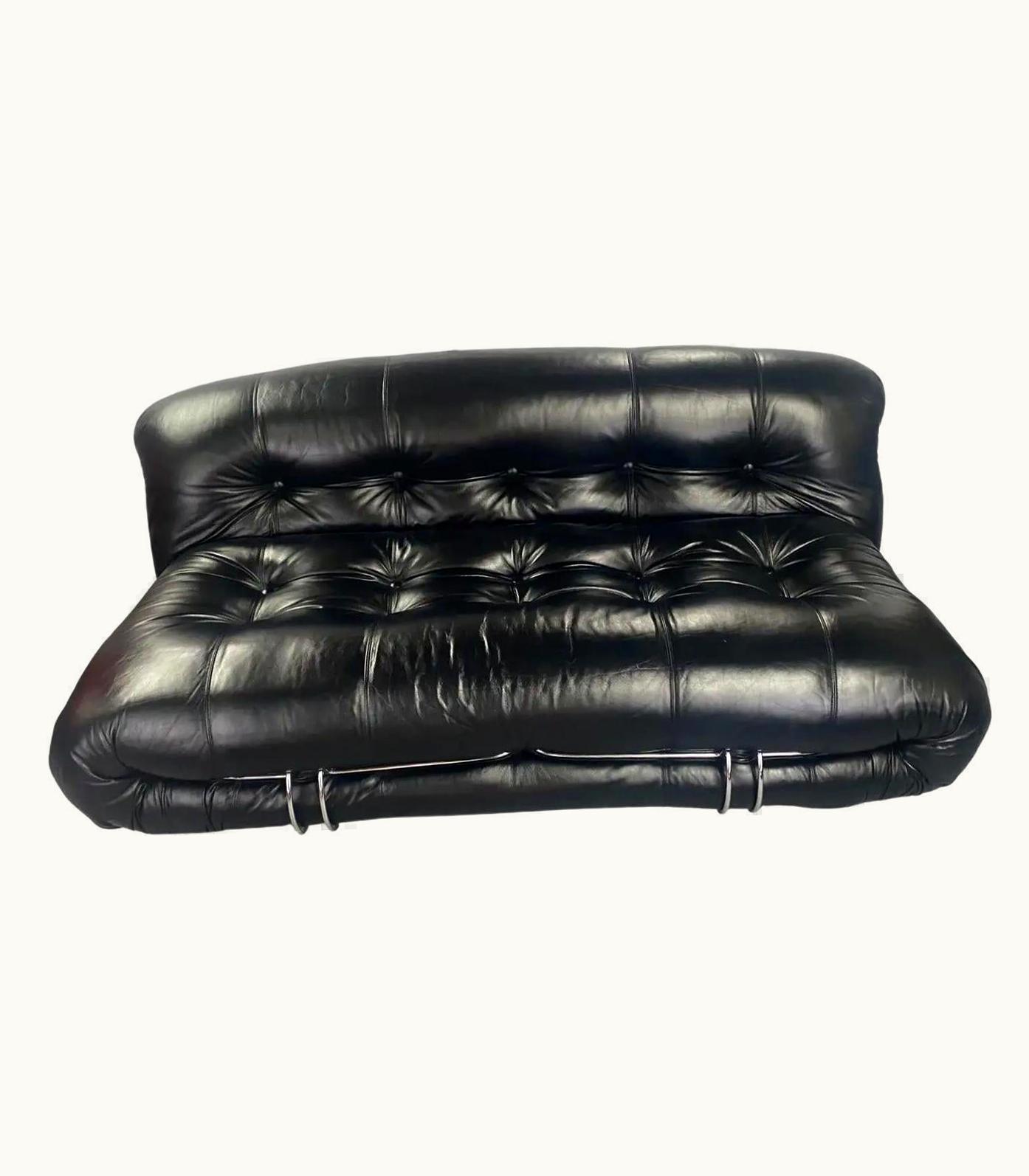 Afra & Tobia Scarpa Afra & Tobia Scarpa For Cassina Soriana Italian Black Leather Settee Or Sofa
