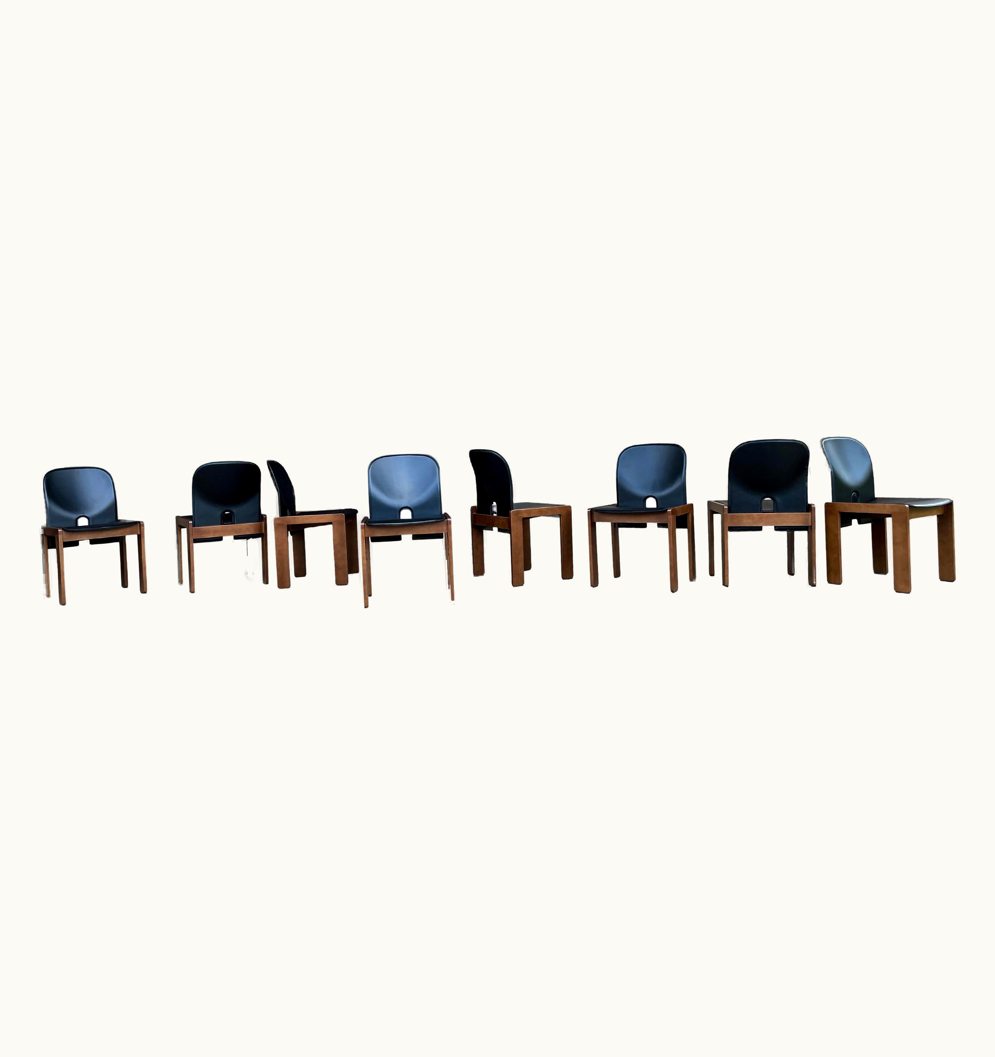 Afra & Tobia Scarpa Afra & Tobia Scarpa Black Leather 121 Dining Chair For Cassina, 1967, Set Of 8