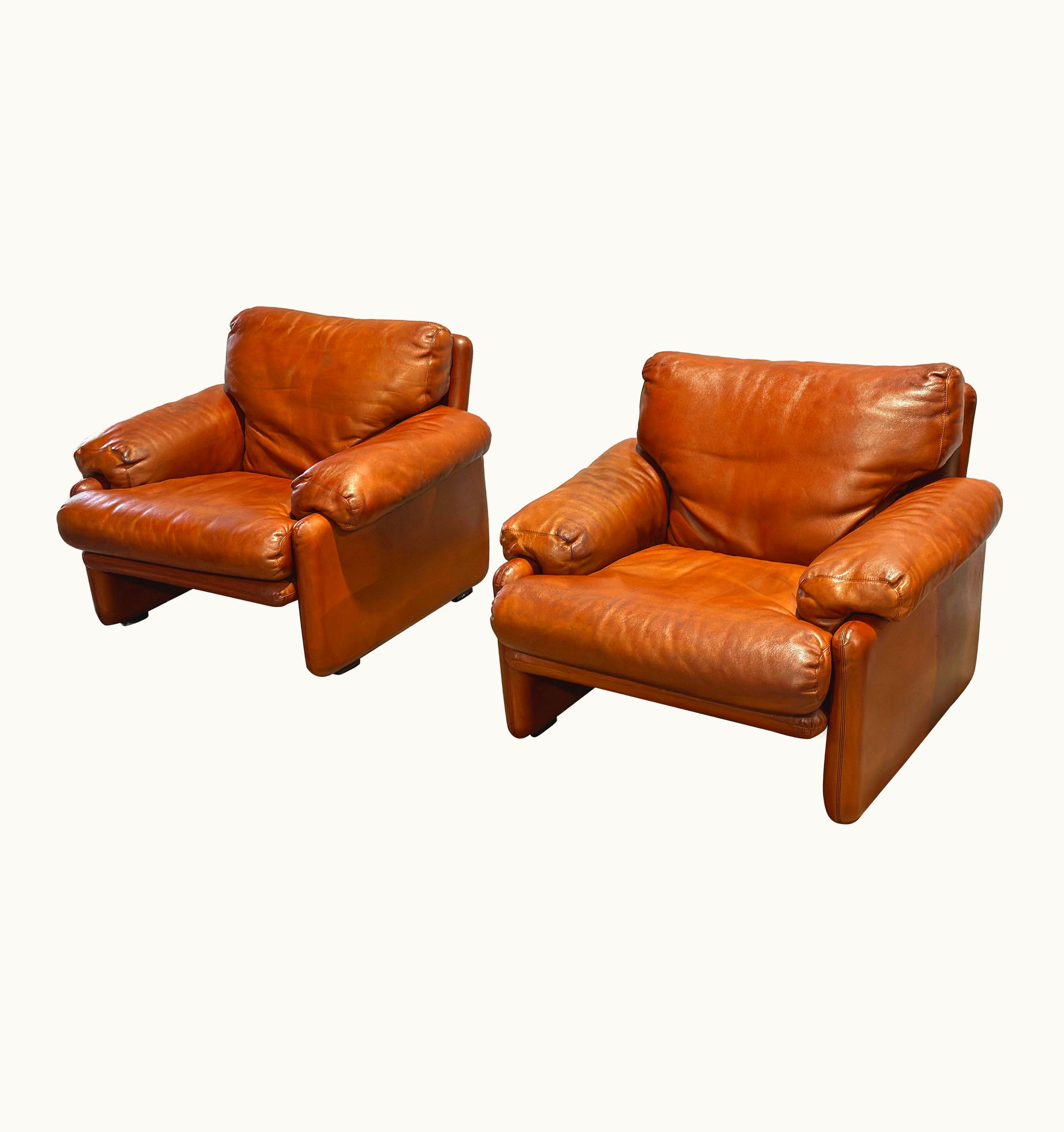 Tobia Scarpa;Afra & Tobia Scarpa Tobia Scarpa;Afra & Tobia Scarpa Coronado Lounge Chairs, Cognac Leather, B&B Italia, A Pair