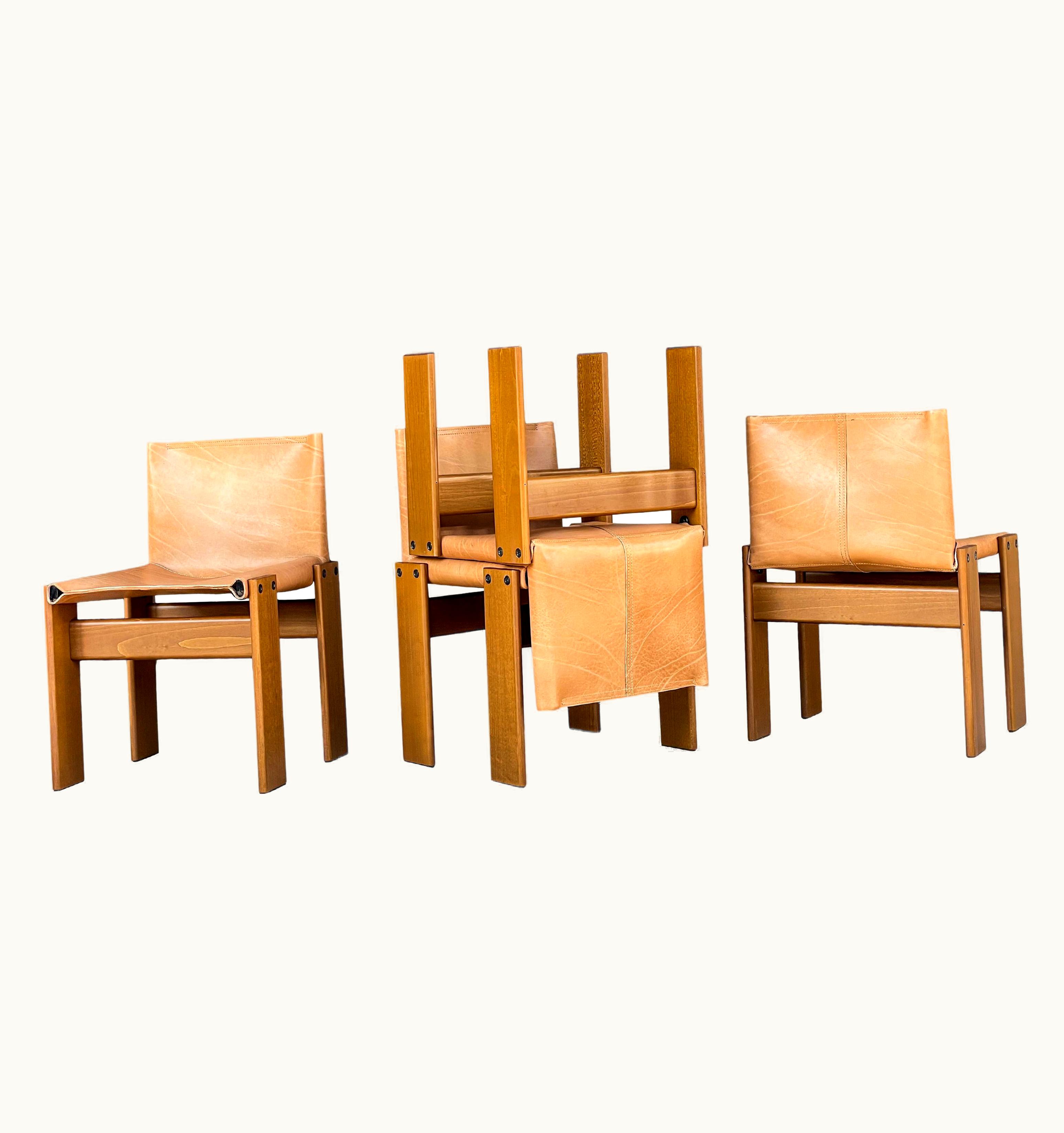Afra & Tobia Scarpa Afra & Tobia Scarpa Cognac Leather Monk Dining Chair For Molteni, 1973, Set Of 4