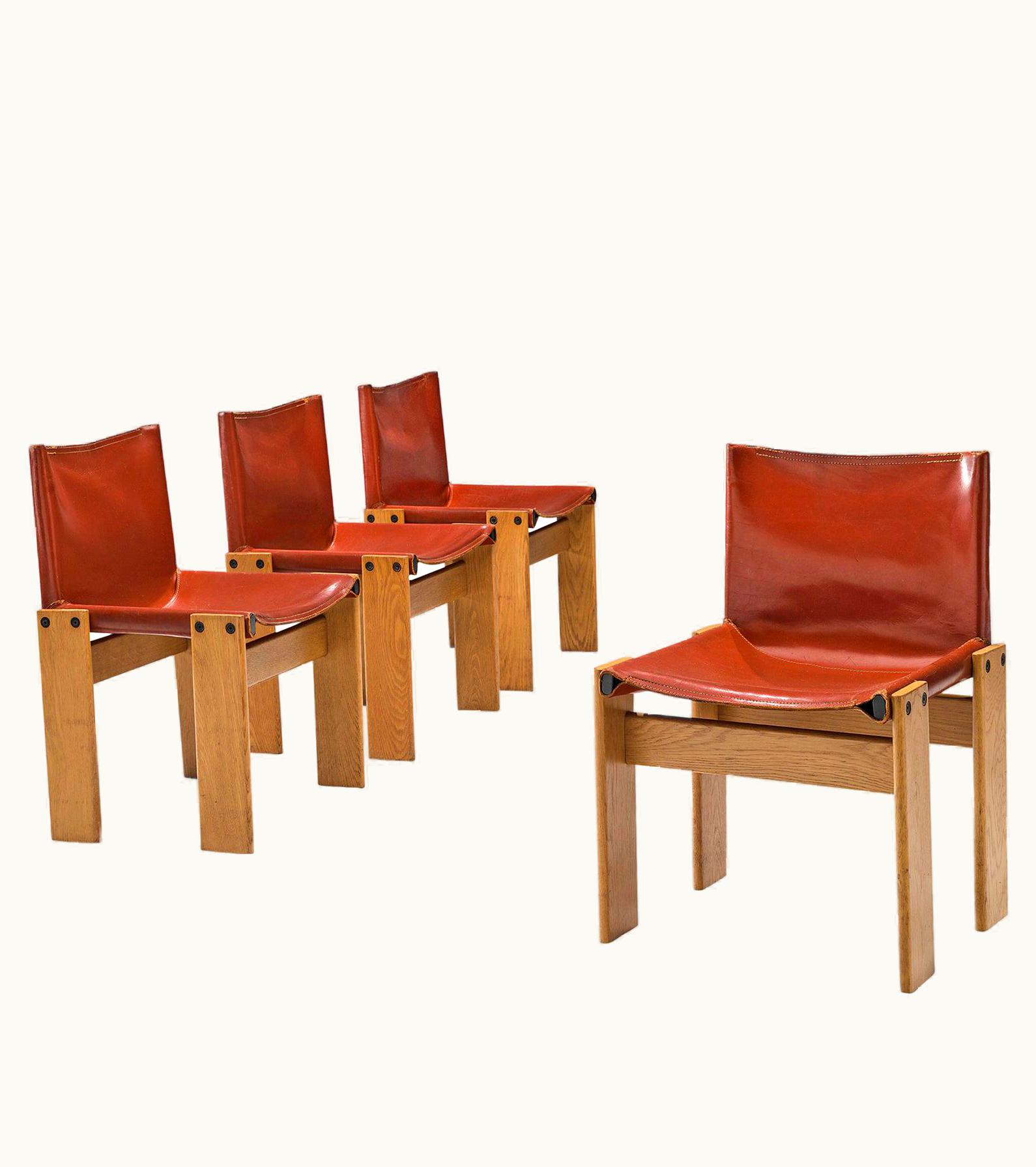 Afra & Tobia Scarpa Afra & Tobia Scarpa Set Of Four 'Monk' Dining Chairs In Red Leather And Ash