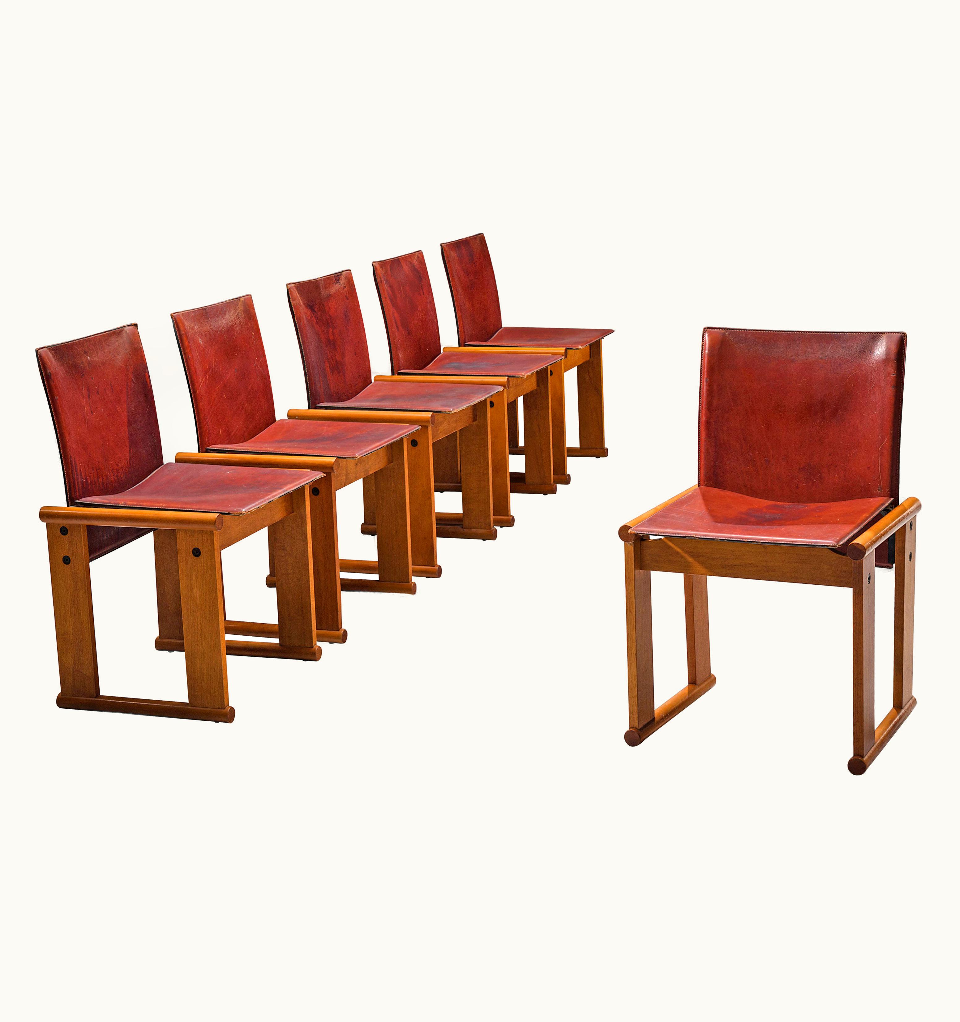 Afra & Tobia Scarpa Afra & Tobia Scarpa Set Of Six Dining Chairs In Red Patinated Leather