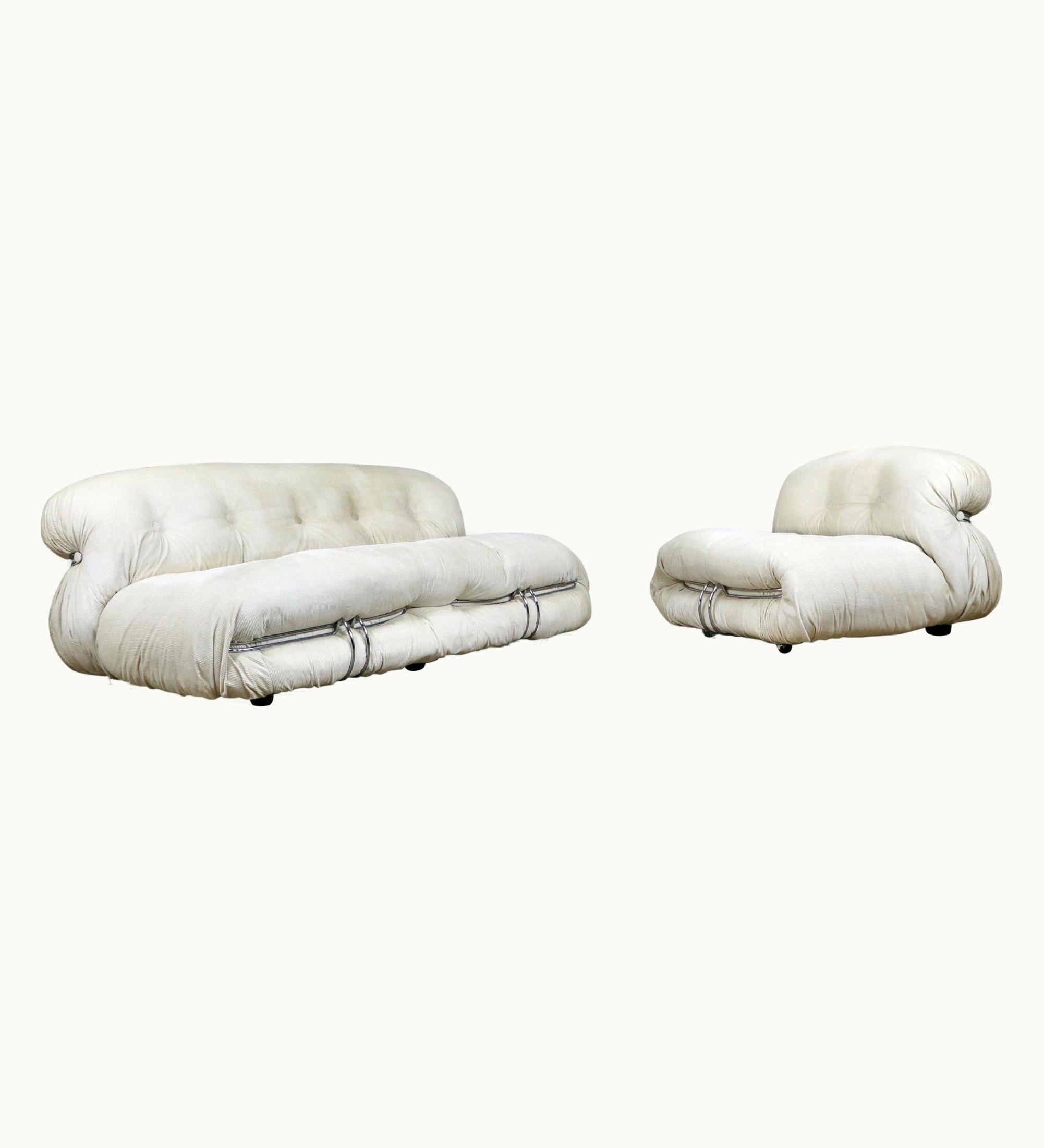 Afra & Tobia Scarpa Afra & Tobia Scarpa Soriana Sofa And Lounge Chair In Original White Corduroy By Afra & Tobia Scarpa
