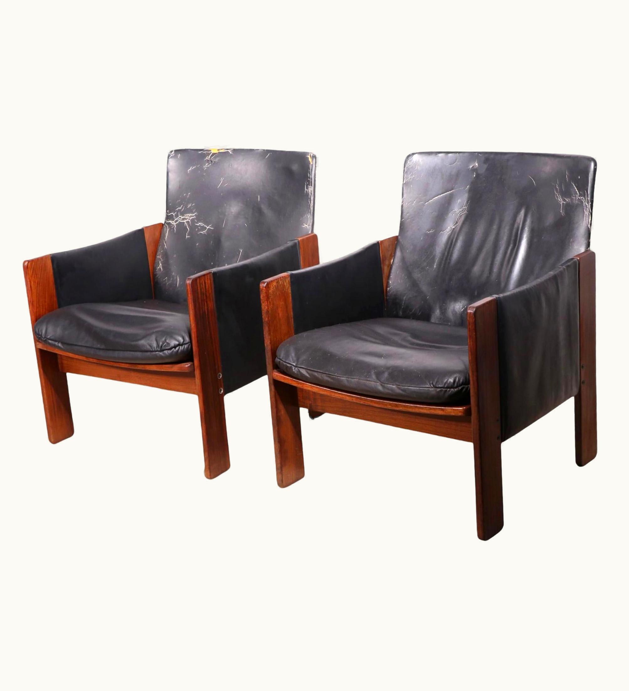 Afra & Tobia Scarpa Afra & Tobia Scarpa Pr. Rosewood And Leather Lounge Arm Chairs By Tobia Scarpa For Cassina