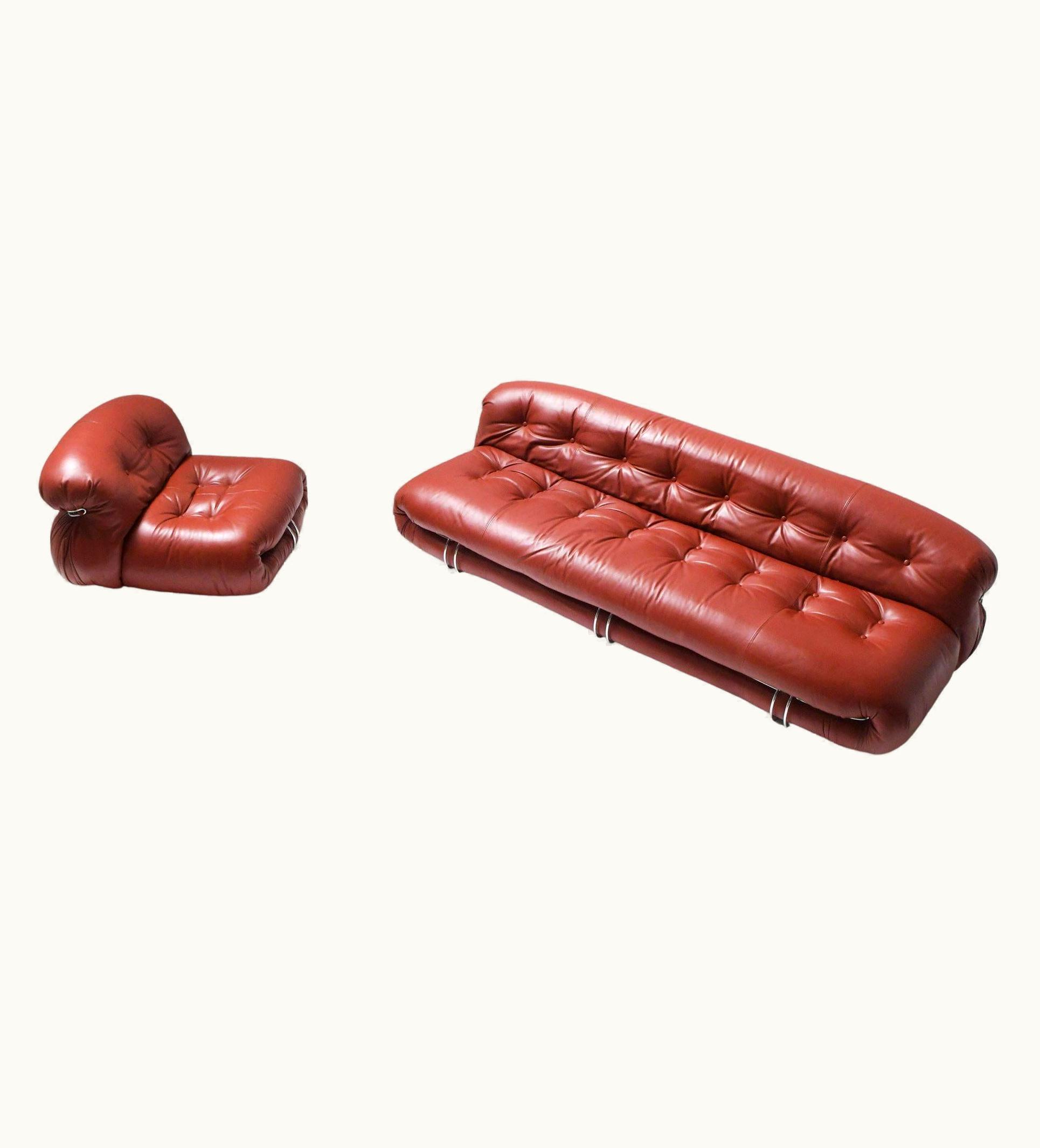 Afra & Tobia Scarpa Afra & Tobia Scarpa Vintage Soriana Set In Red Leather By Afra E Tobia Scarpa For Cassina, Italy