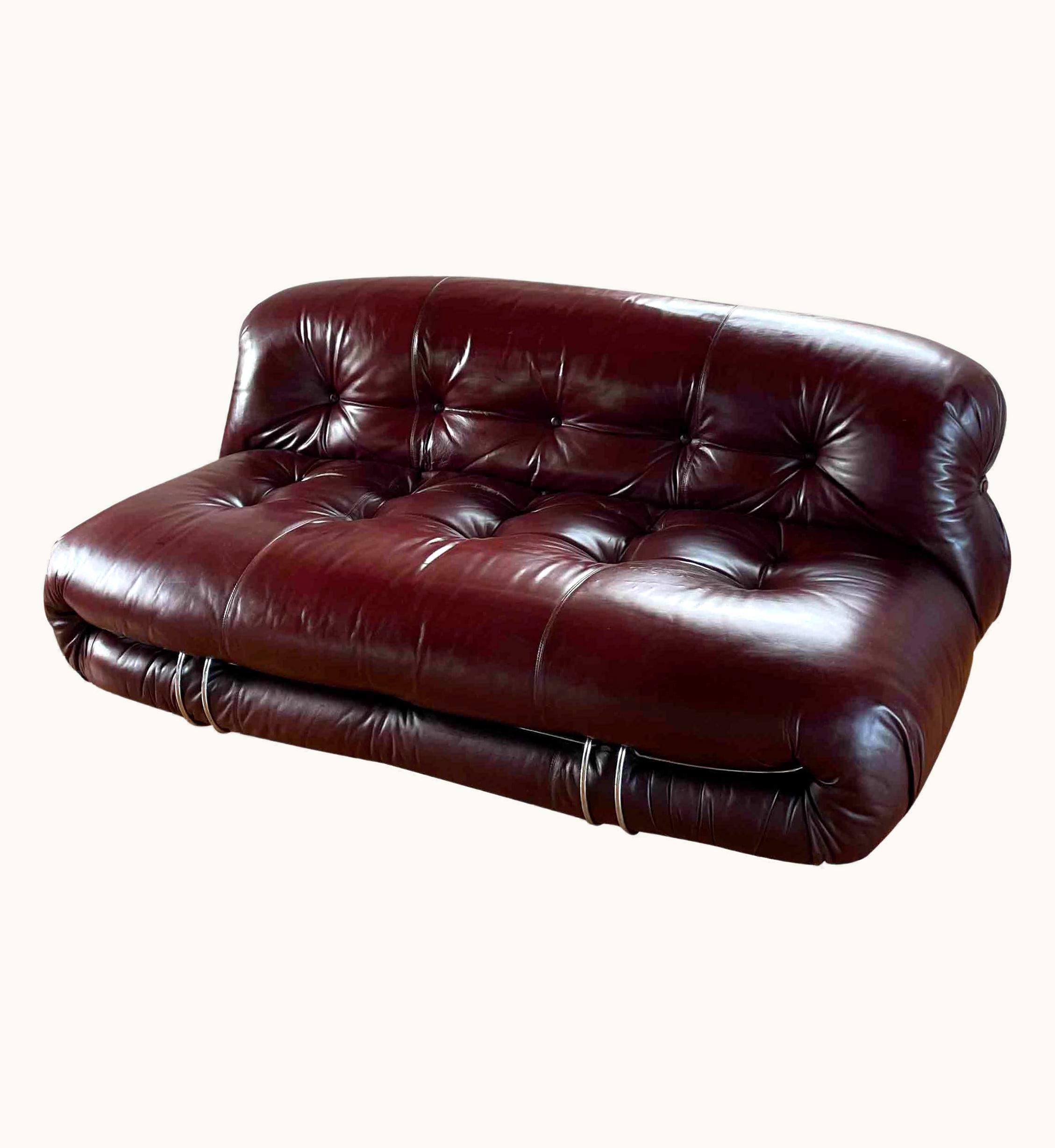 Afra & Tobia Scarpa Afra & Tobia Scarpa Afra And Tobia Scarpa Brown Leather Two-Seater Soriana Sofa For Cassina, 1969