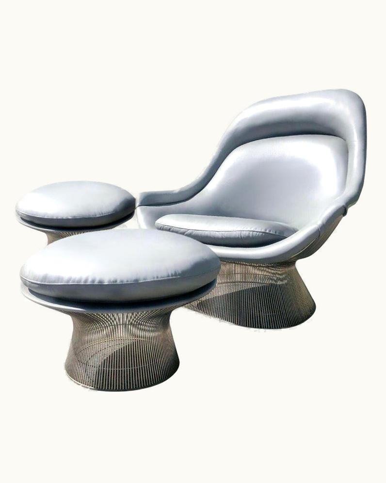 Warren Platner Warren Platner Grey Leather Easy Chair And Ottoman Set Of Three, Knoll, 1966