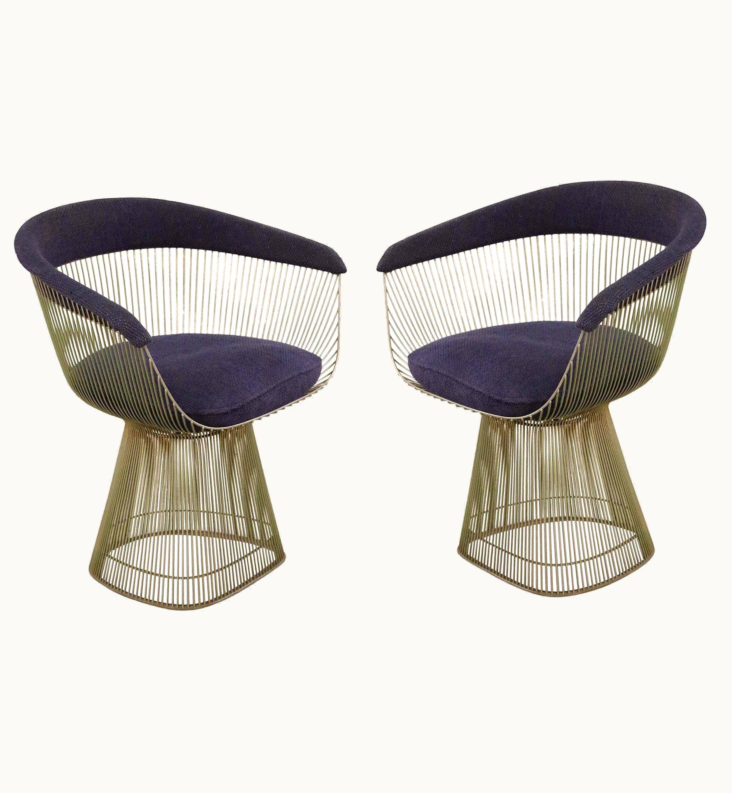 Warren Platner Pair Of Warren Platner For Knoll Curved Steel And Blue Upholstered Armchairs