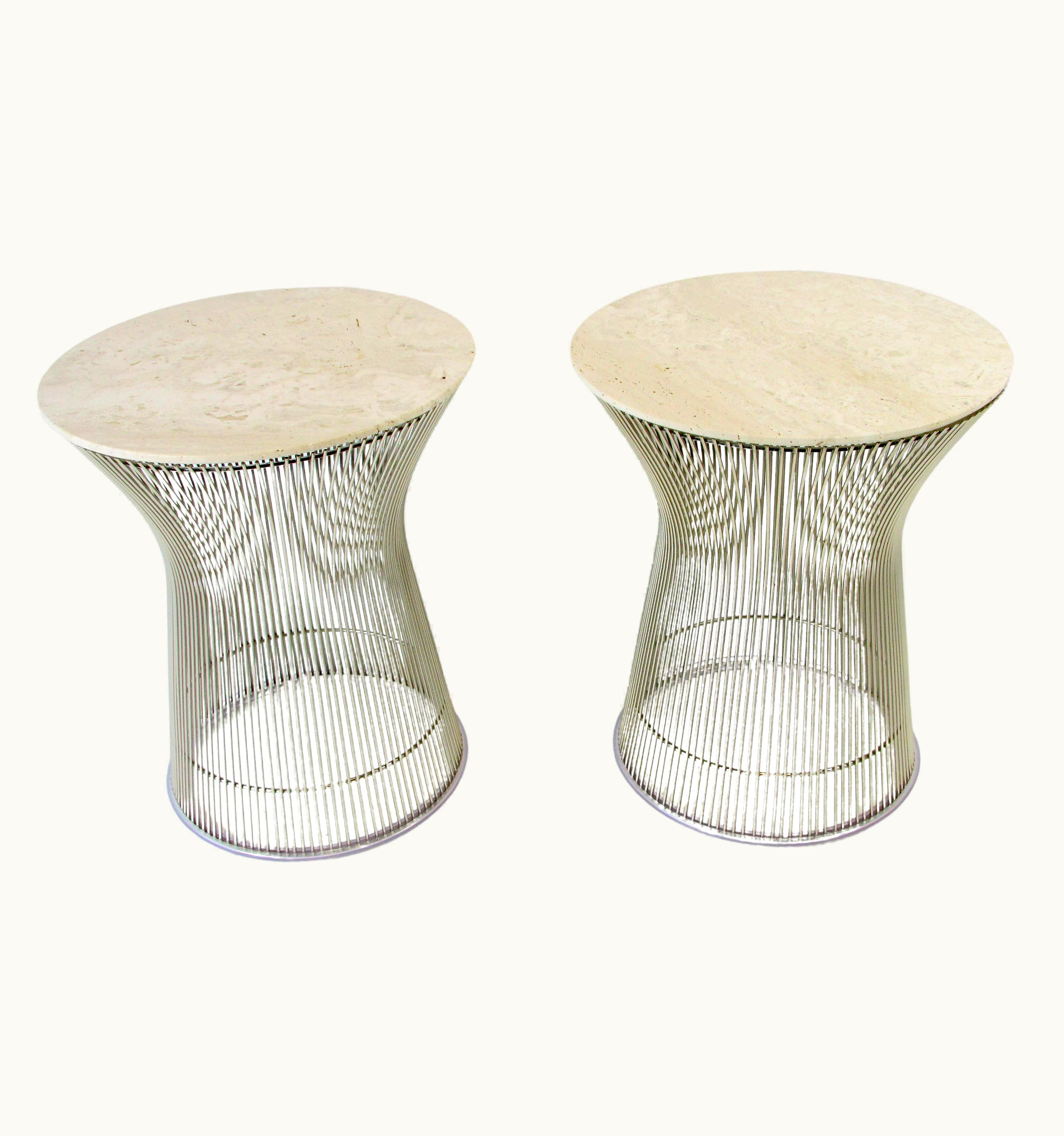 Warren Platner Pair Of Chrome Warren Planter Knoll Tables With Custom Travertine Marble Tops