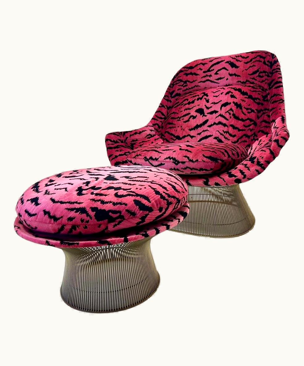 Warren Platner Easy Chair And Ottoman In Scalamandre Pink Tigre Fabric