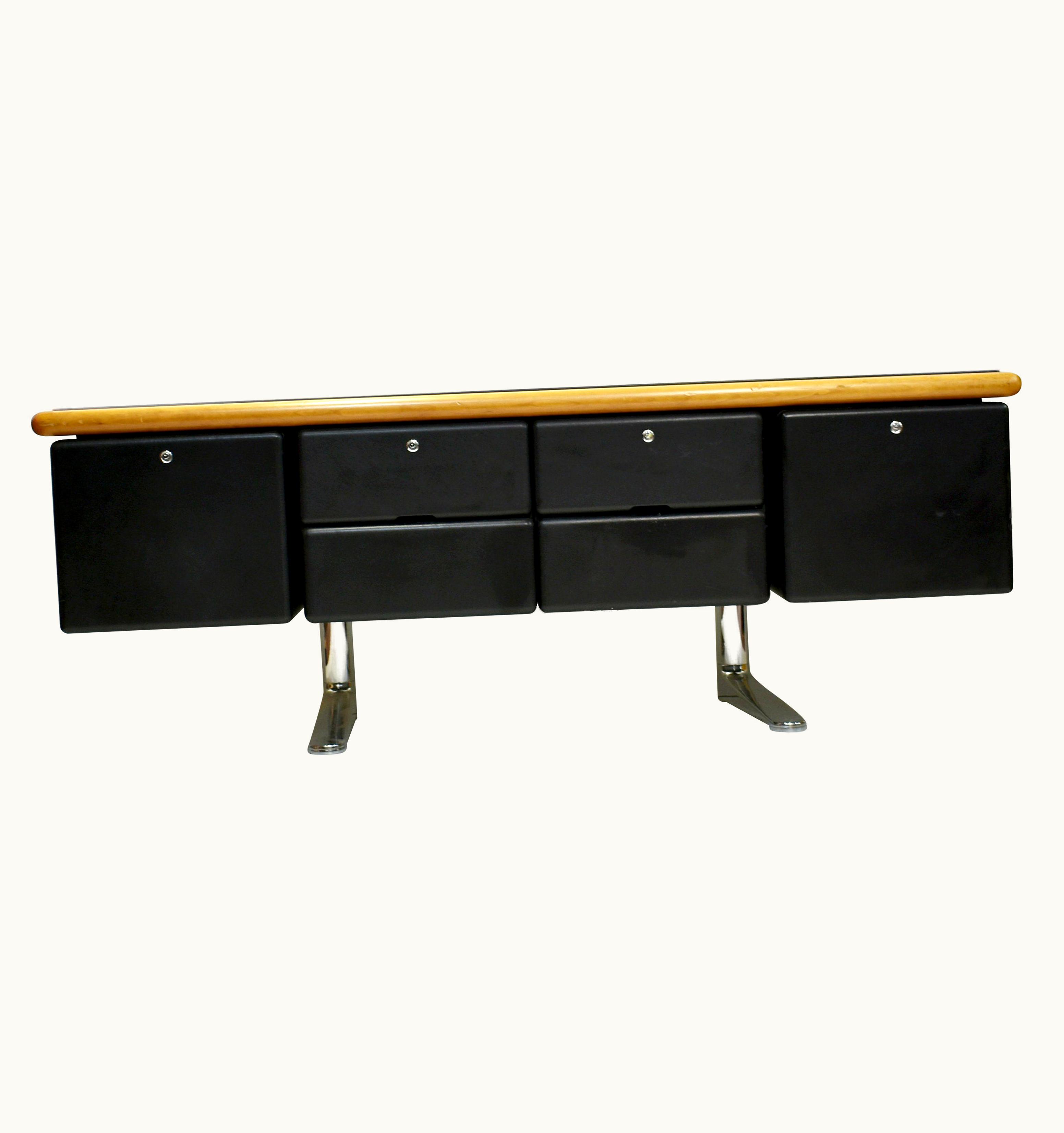 Warren Platner Mid-Century Sideboard In Oak And Black Leather By Warren Platner For Knoll 1970s