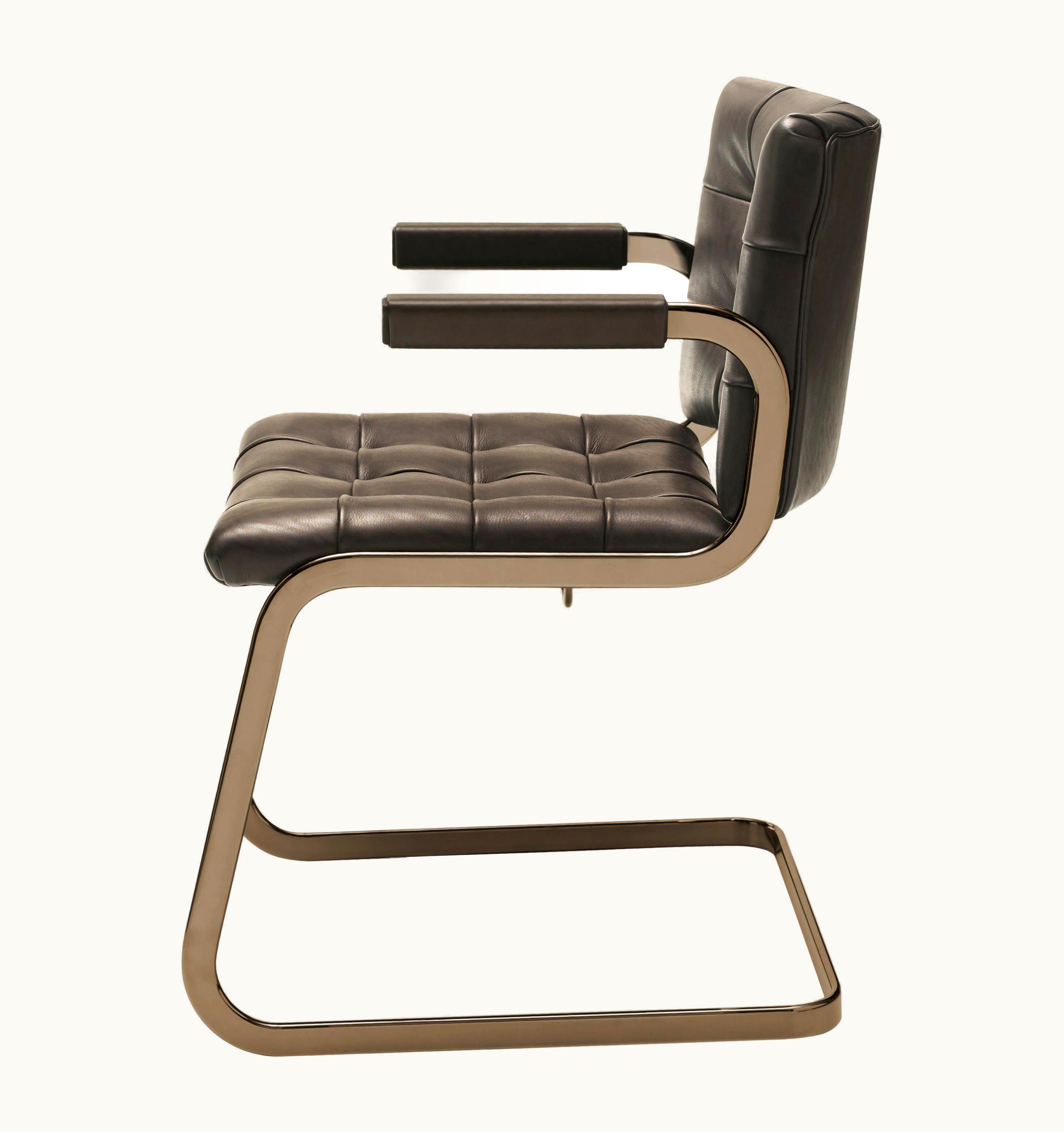 Robert Haussmann Robert Haussmann RH-305 Bauhaus Dining Tufted Armchair Leather, Stainless Steel Legs By De Sede