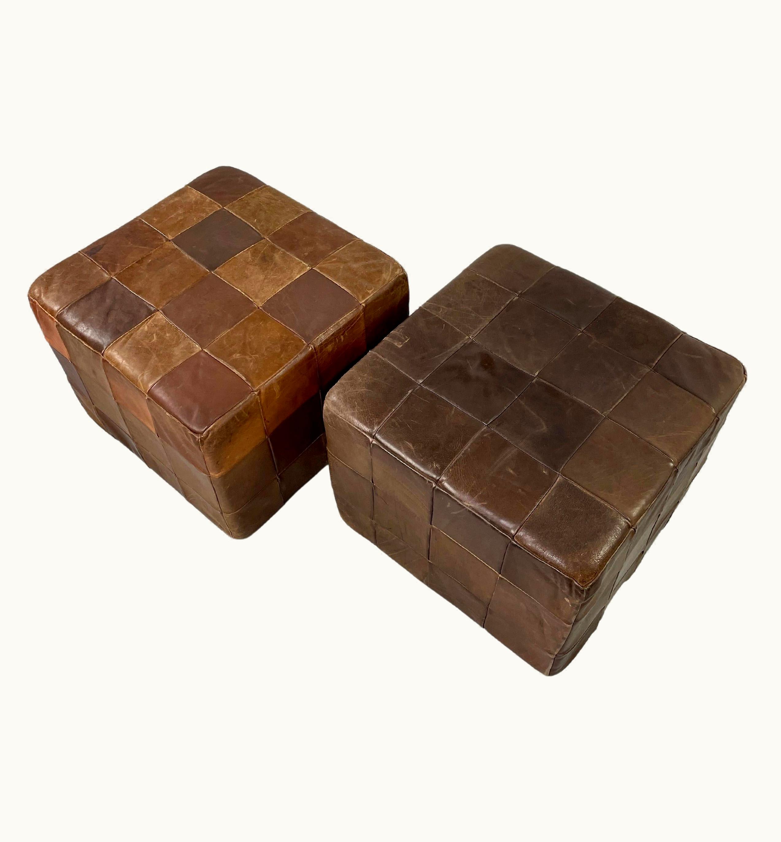 De Sede De Sede Vintage De Sede Brown Patchwork Leather Pouf, Ottoman, Switzerland DeSede Patina