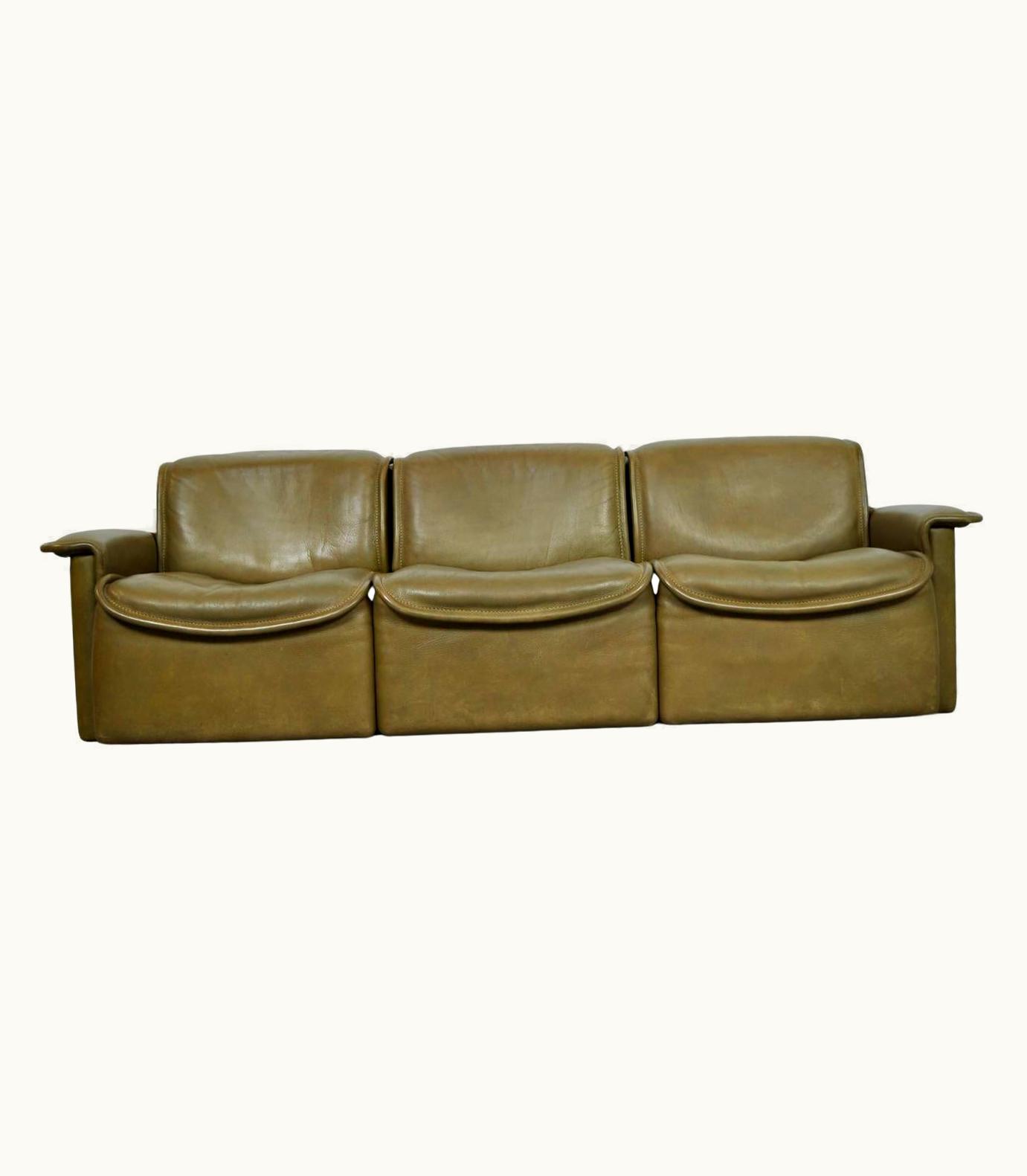 De Sede De Sede Olive Colored Leather 3-Seater Sofa, Model Ds-12 By De Sede, 1970s Switzerland