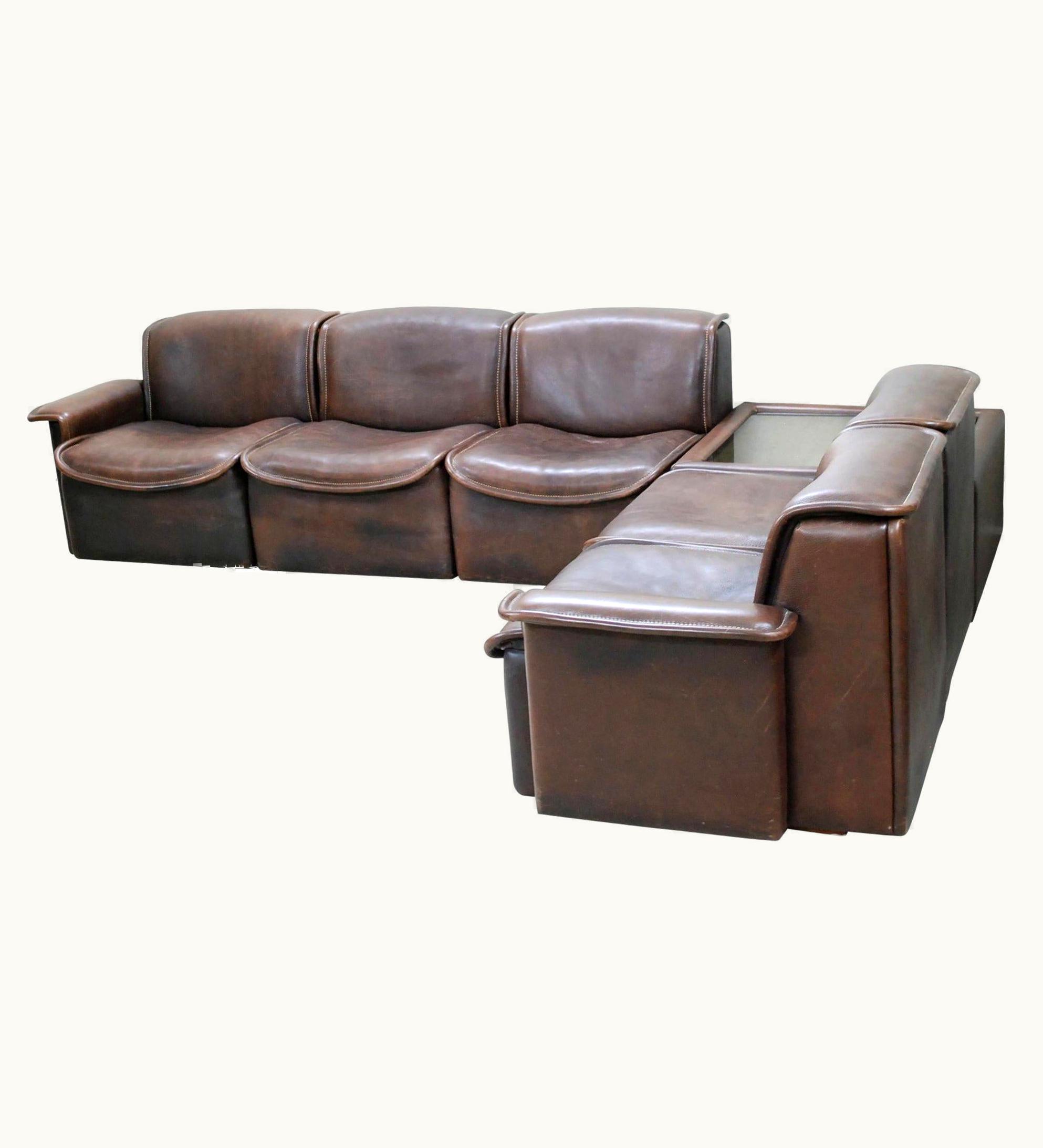 De Sede De Sede DS 12 Modular Vintage Neck Leather Sofa Brown And Coffee Table