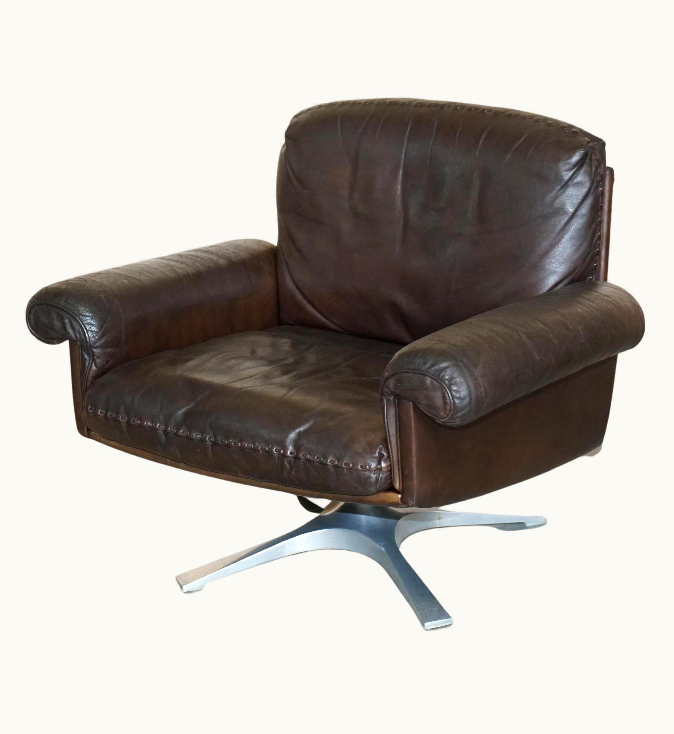 De Sede De Sede Stunning Circa 1960's De Sede DS-35 Brown Leather Swivel Armchair Hand Stitched