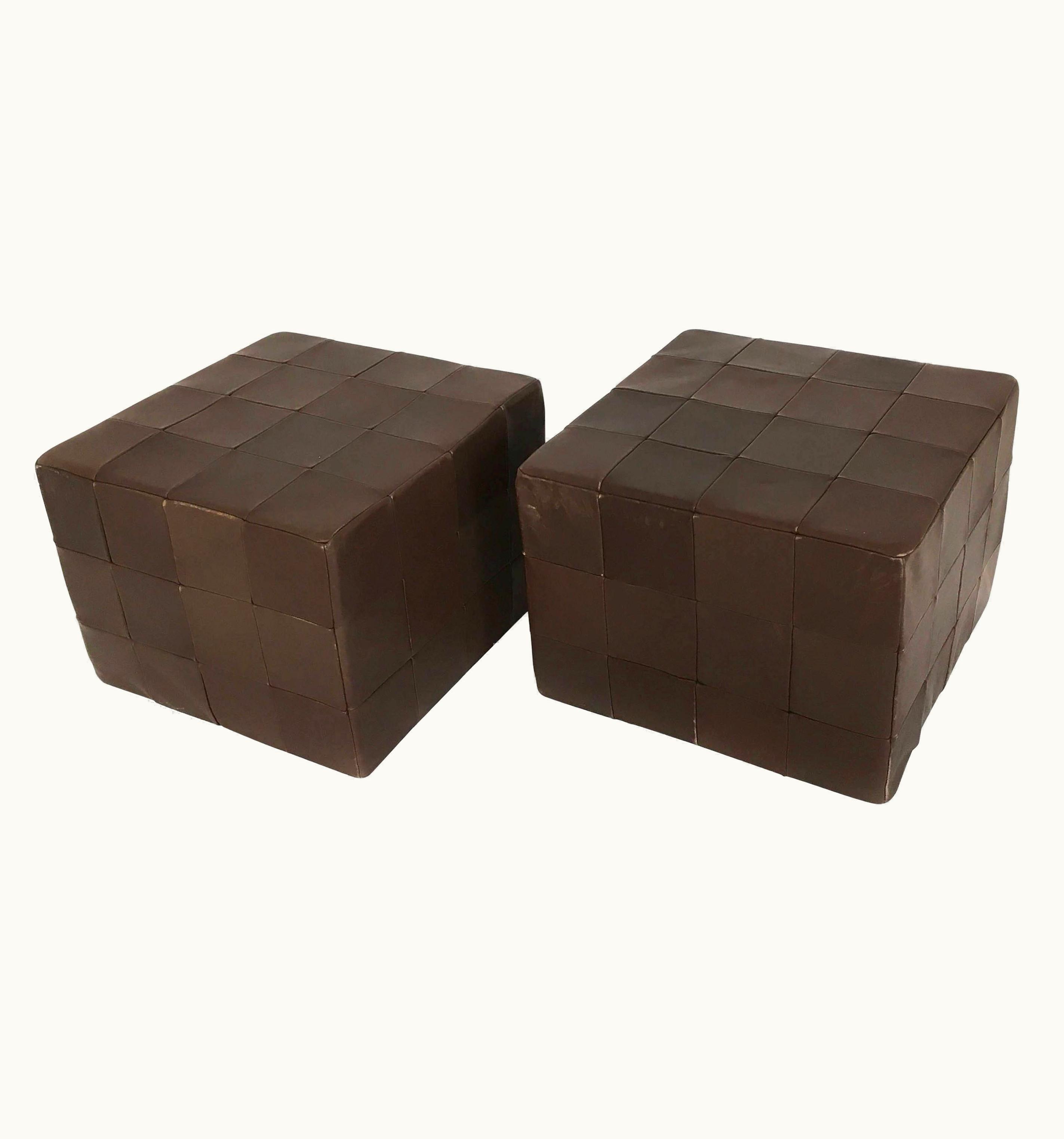 De Sede De Sede Brown Leather Patchwork Cubes Ottomans, Switzerland 1970s