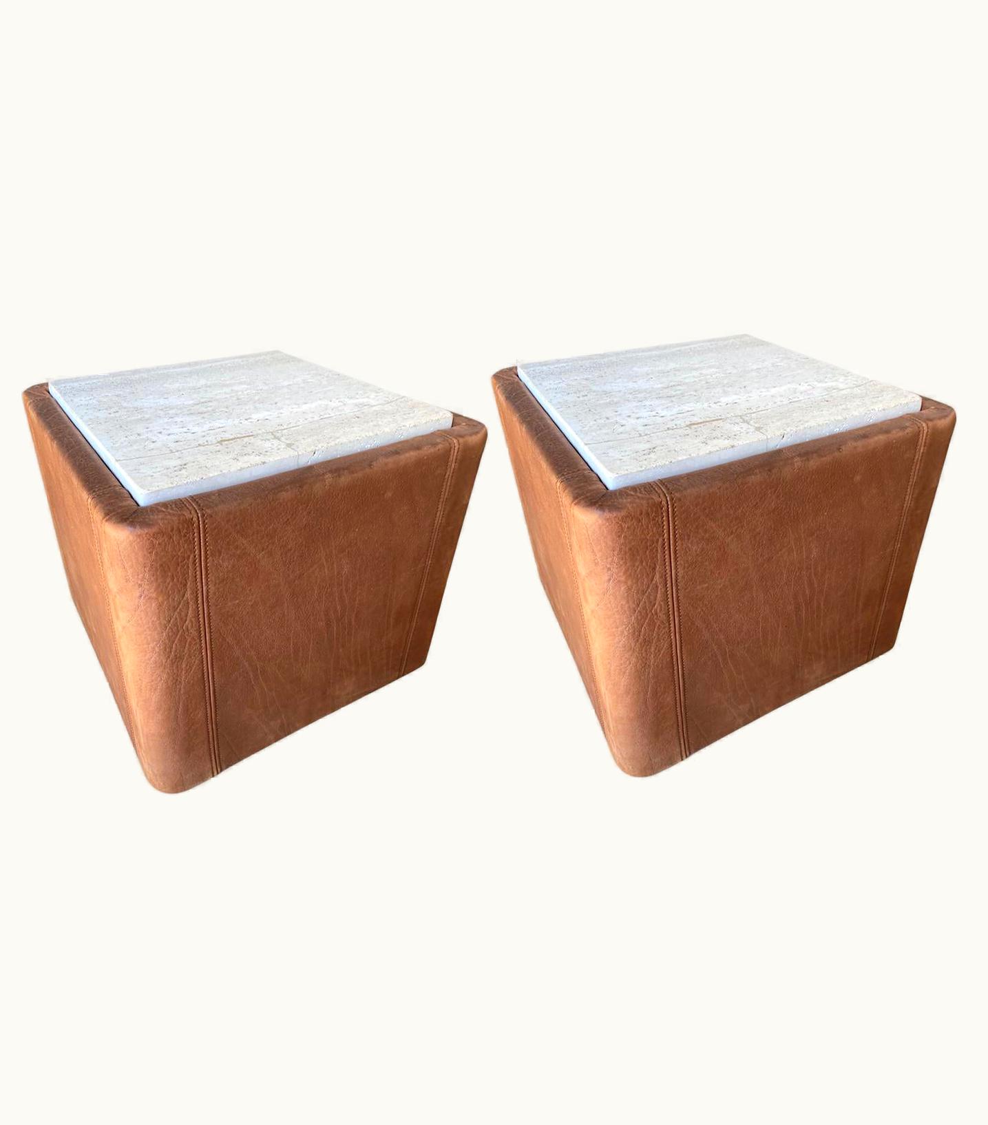 De Sede Vintage De Sede Leather & Travertine Pair Of Side Table