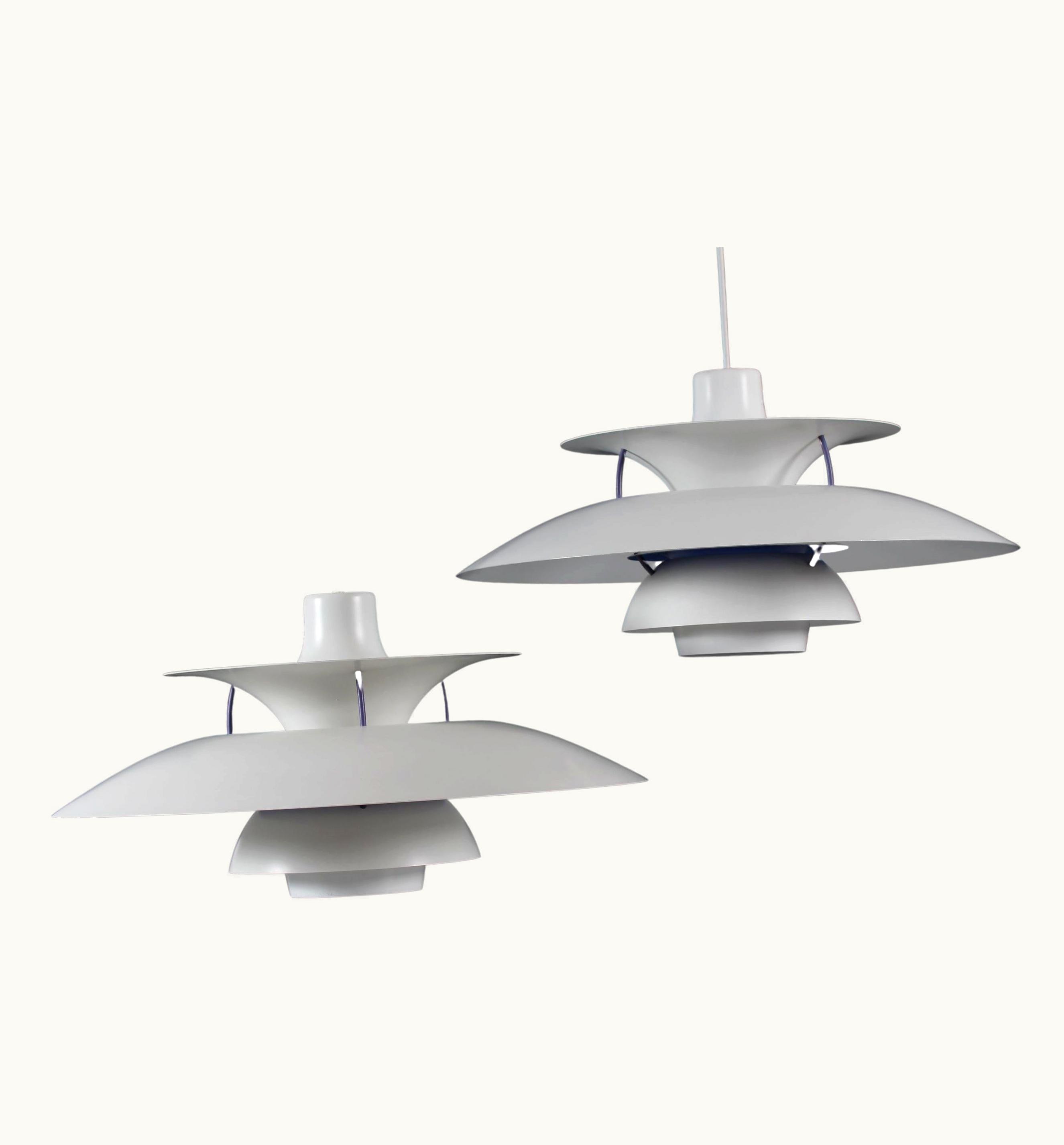 Poul Henningsen Set Of 2 PH 5 Pendants Old Version White Lacquer, Louis Poulsen A/S Denmark 70s