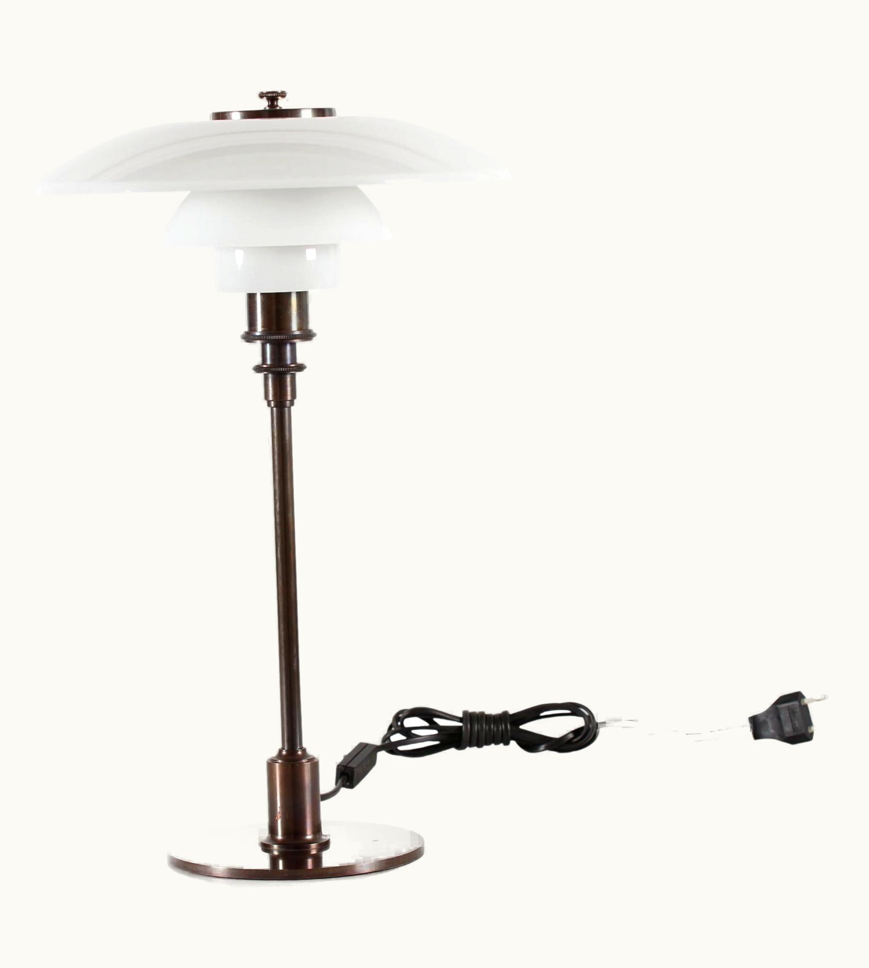 Poul Henningsen TrePH Table Lamp PH 3/2 Browned Brass + White Glass Shade, 1994