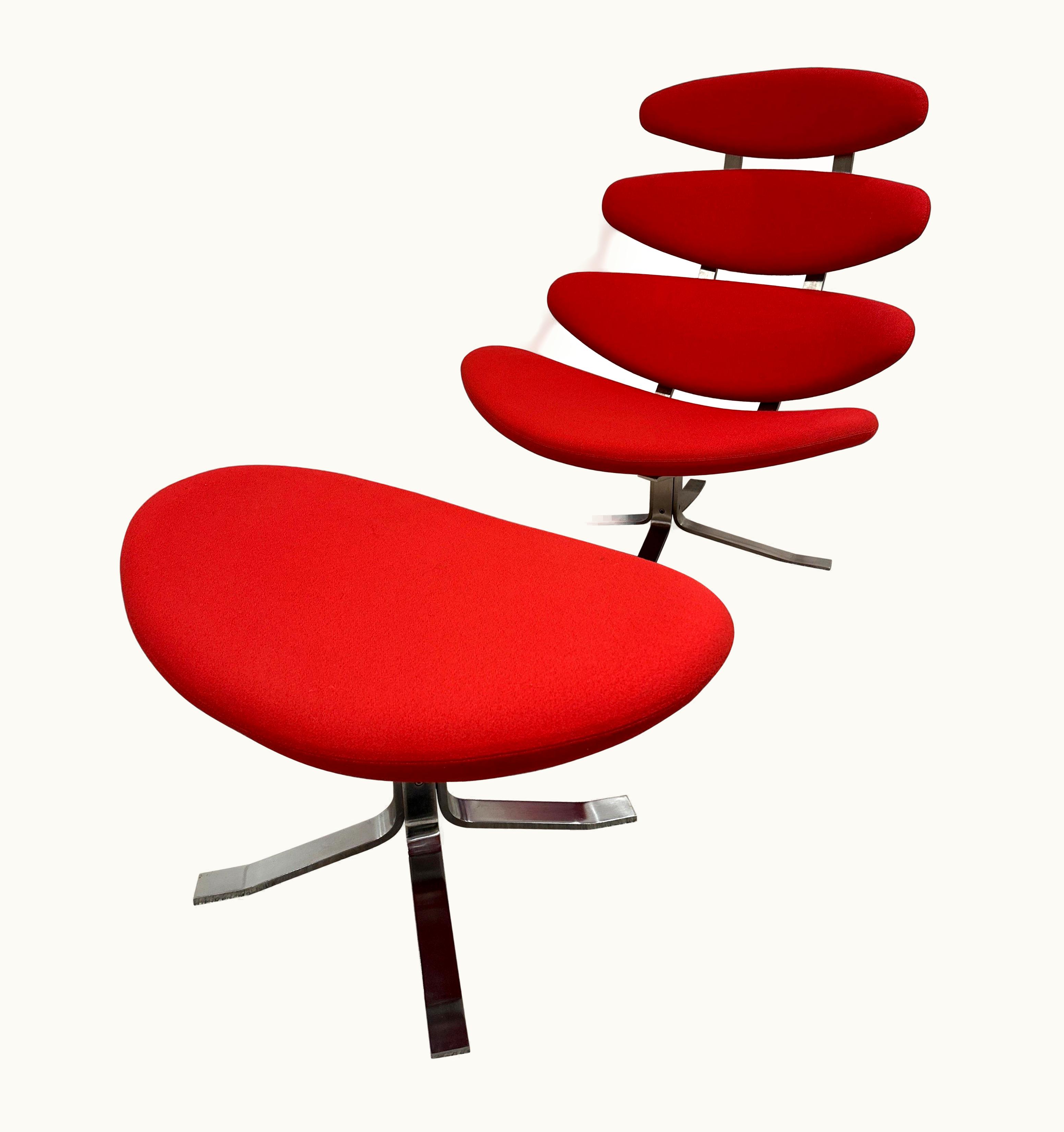 Poul Volther Corona Red Lounge Swivel Chrome Chair And Ottoman Erik Jorgensen