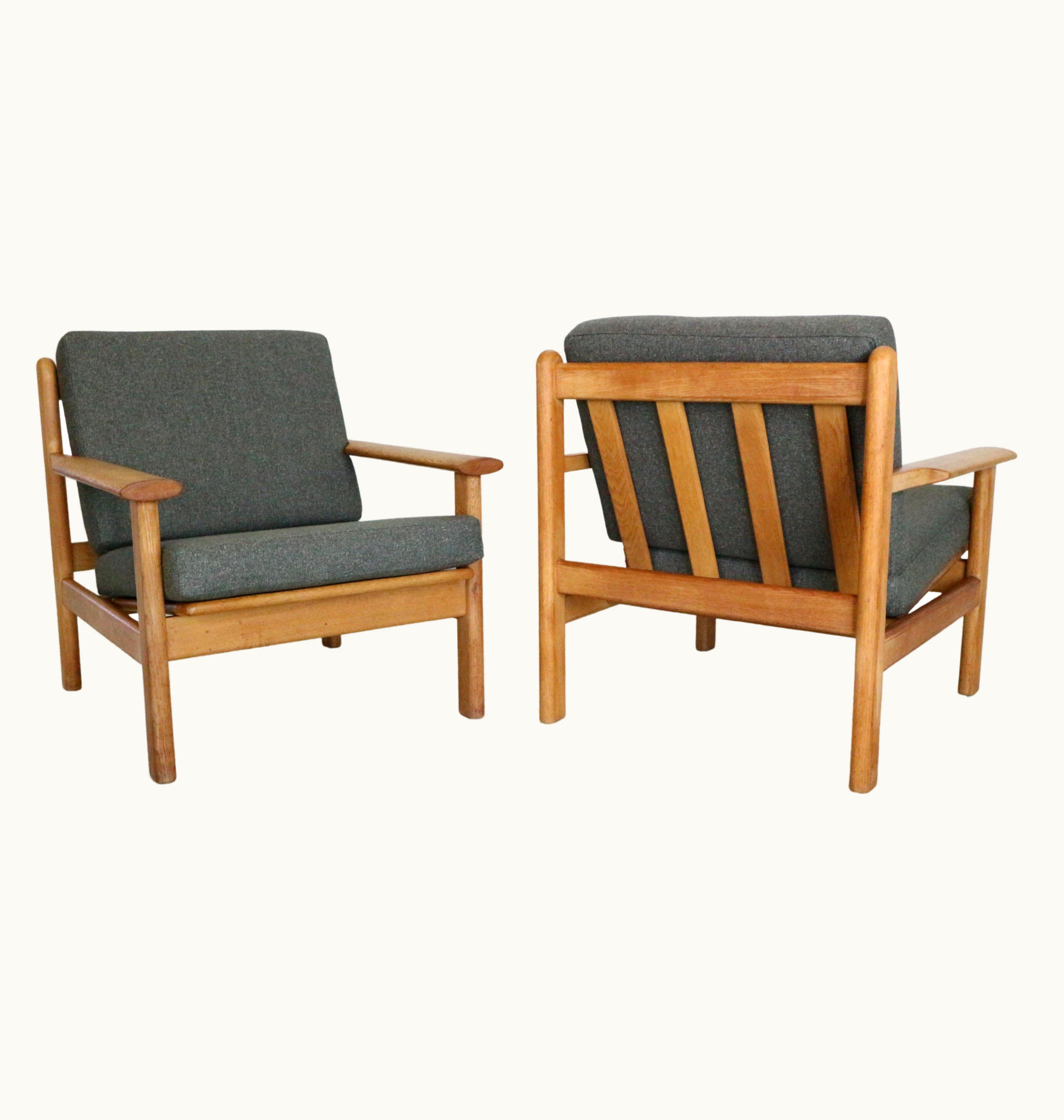 Poul Volther Pair Oak&New Upholstery Lounge Chairs For Frem Røjle, 1950 Denmark