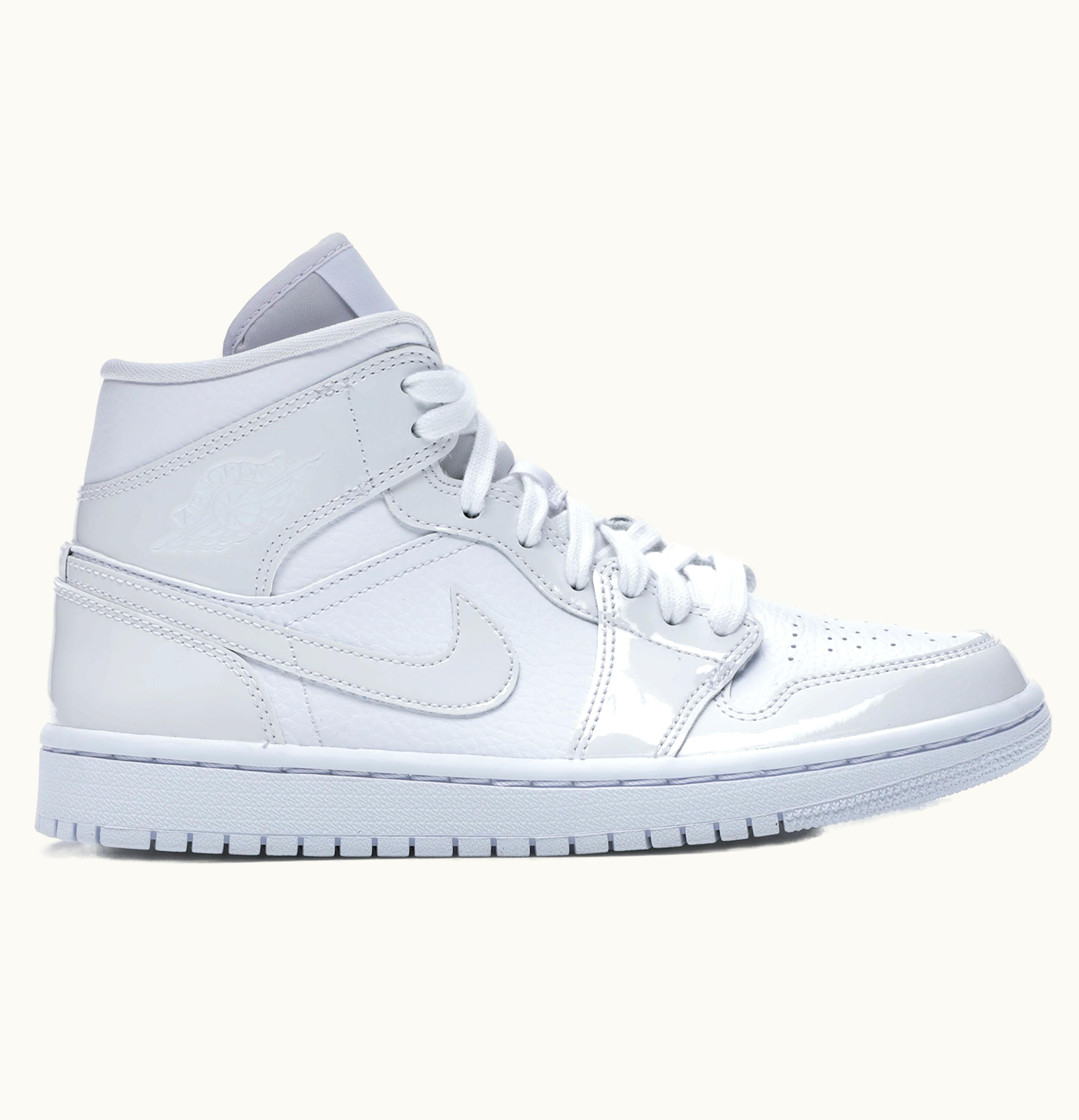 Jordan Air Jordan 1 Mid Triple White Patent Swoosh W