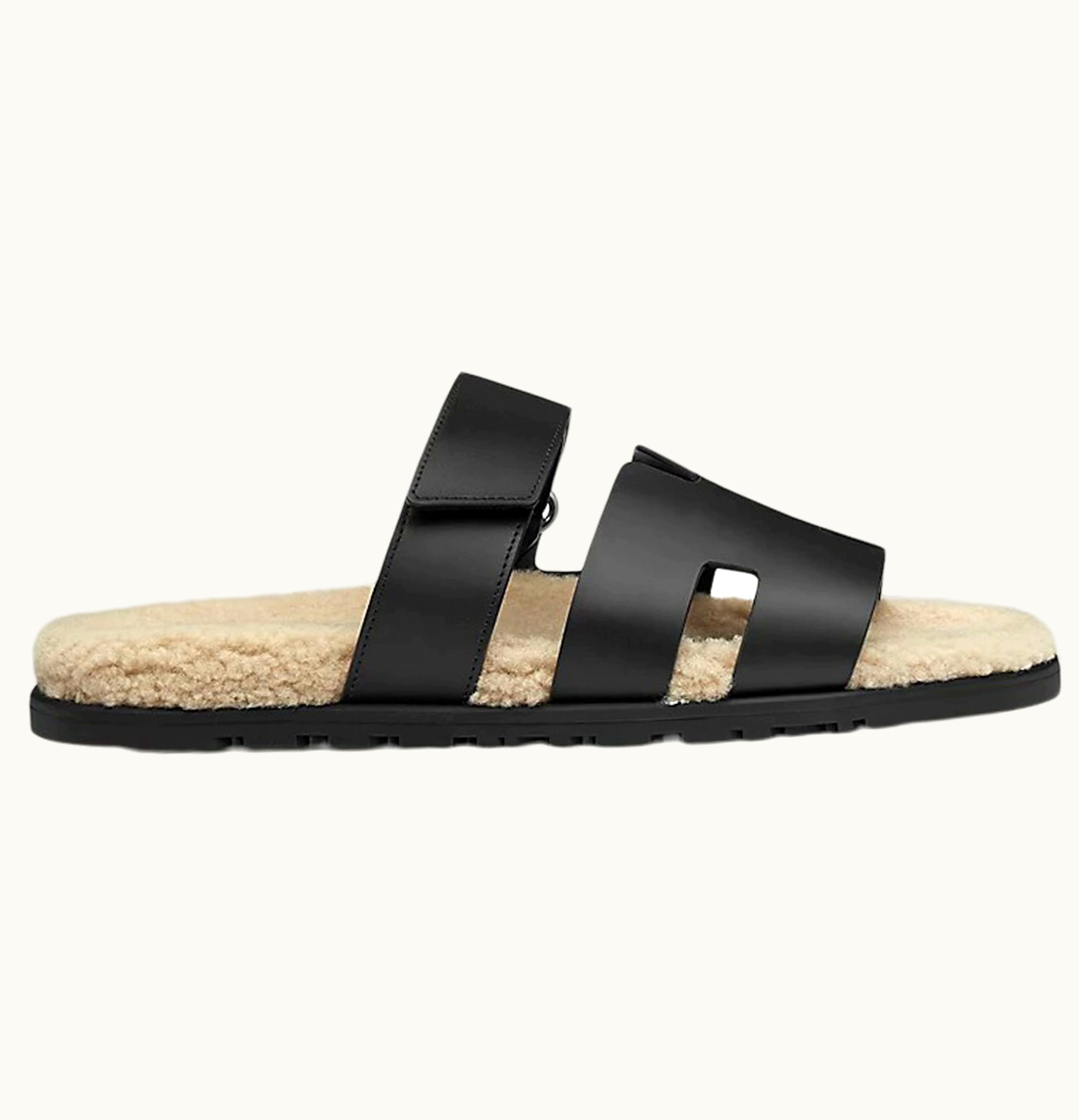 Hermès Hermes Chypre Sandal Noir Leather Woolskin