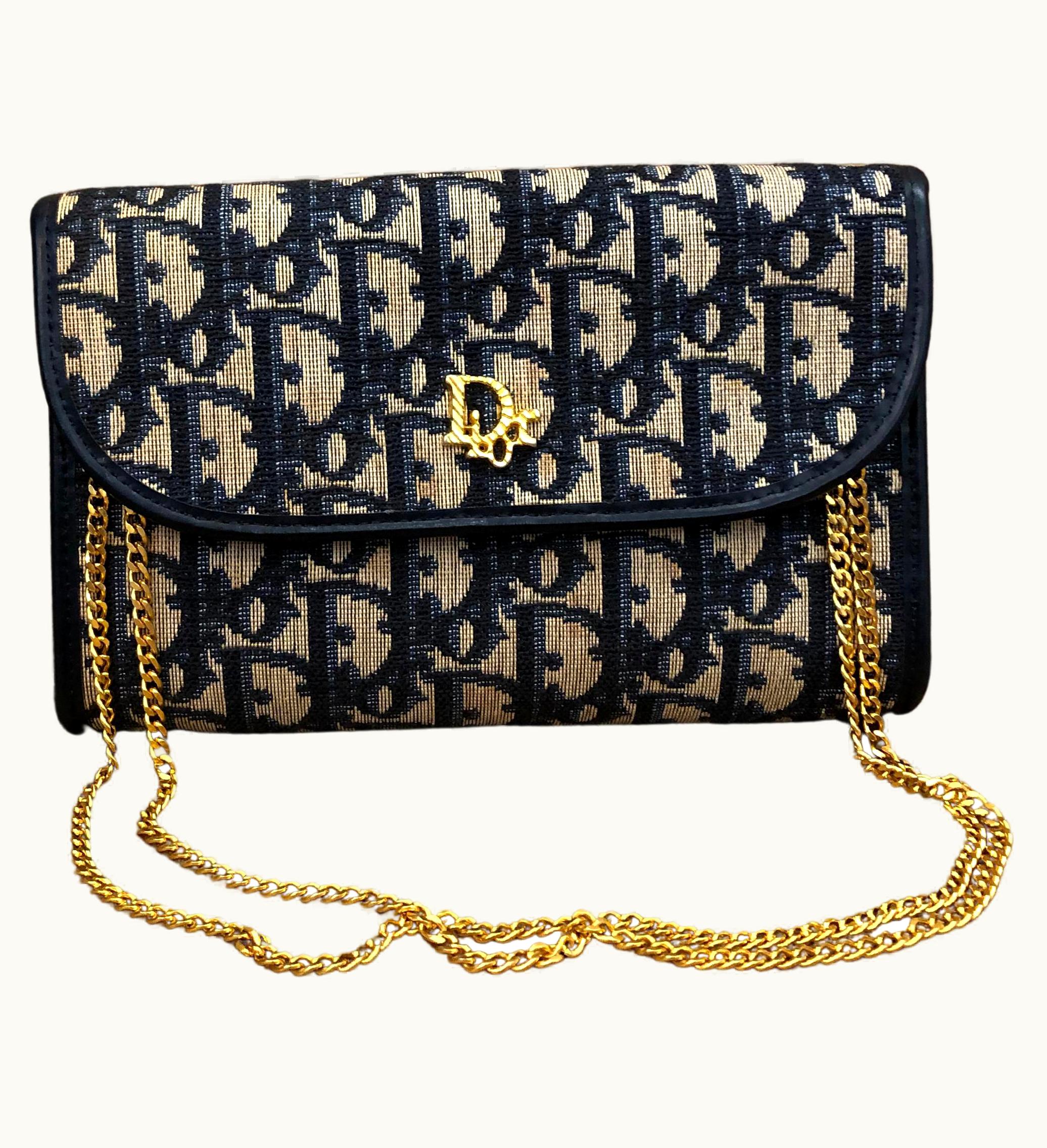 Dior Vintage Christian Dior Navy Trotter Jacquard Chain Bag Small