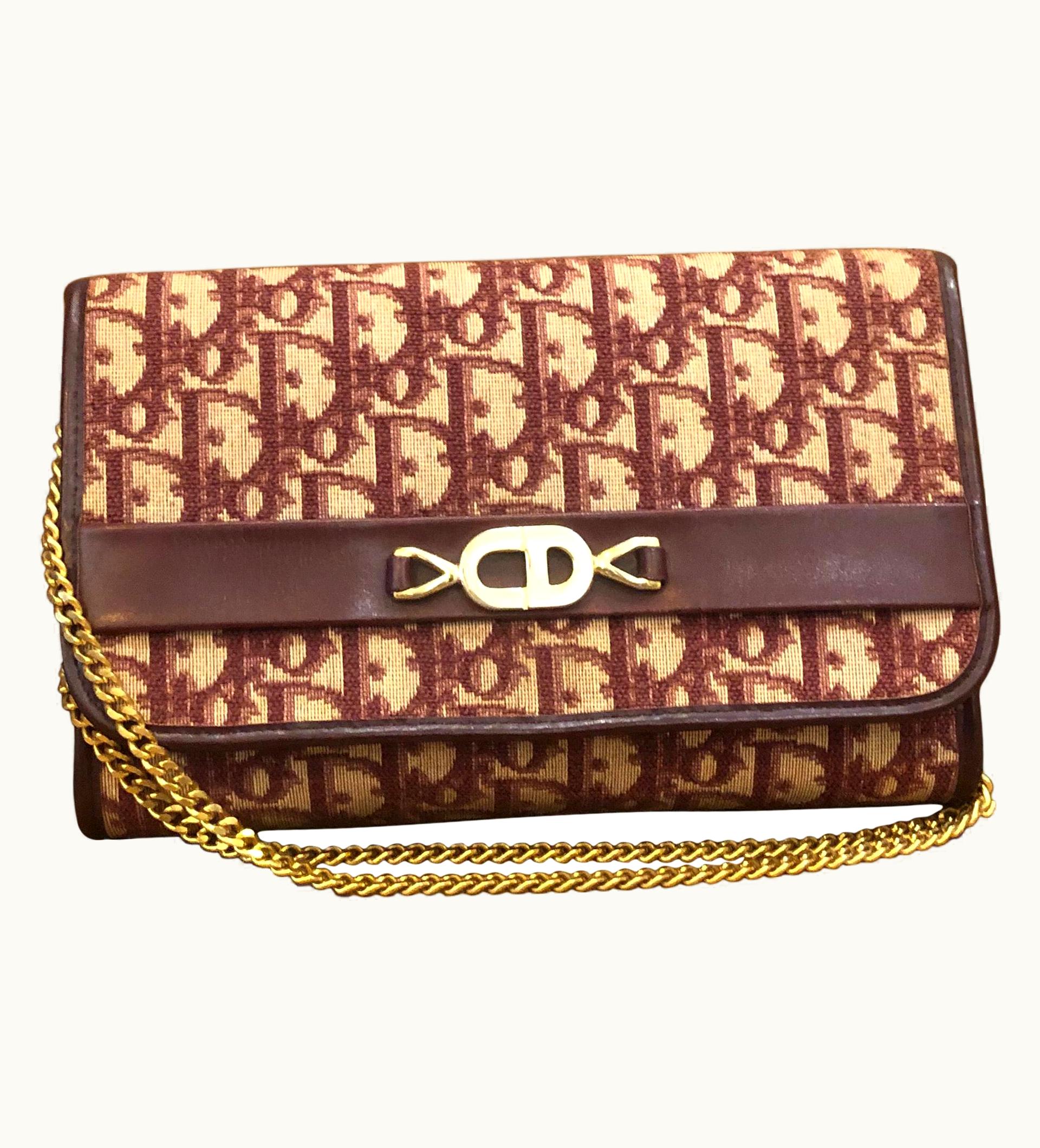 Dior Vintage Christian Dior Burgundy Trotter Jacquard Chain Shoulder Bag