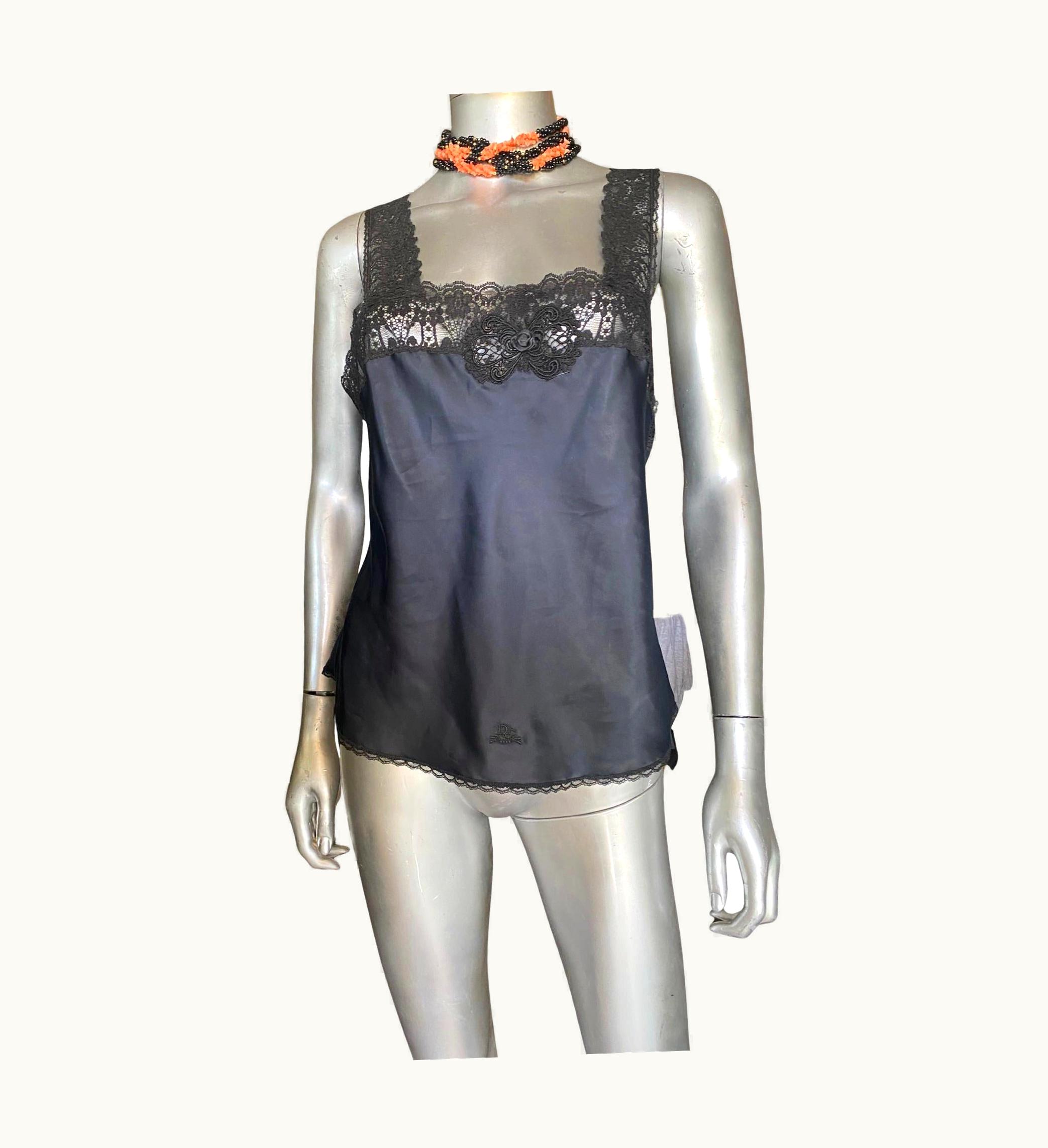 Dior Vintage Christian Dior Black Camisole Blouse WS/S Lace Trim edium