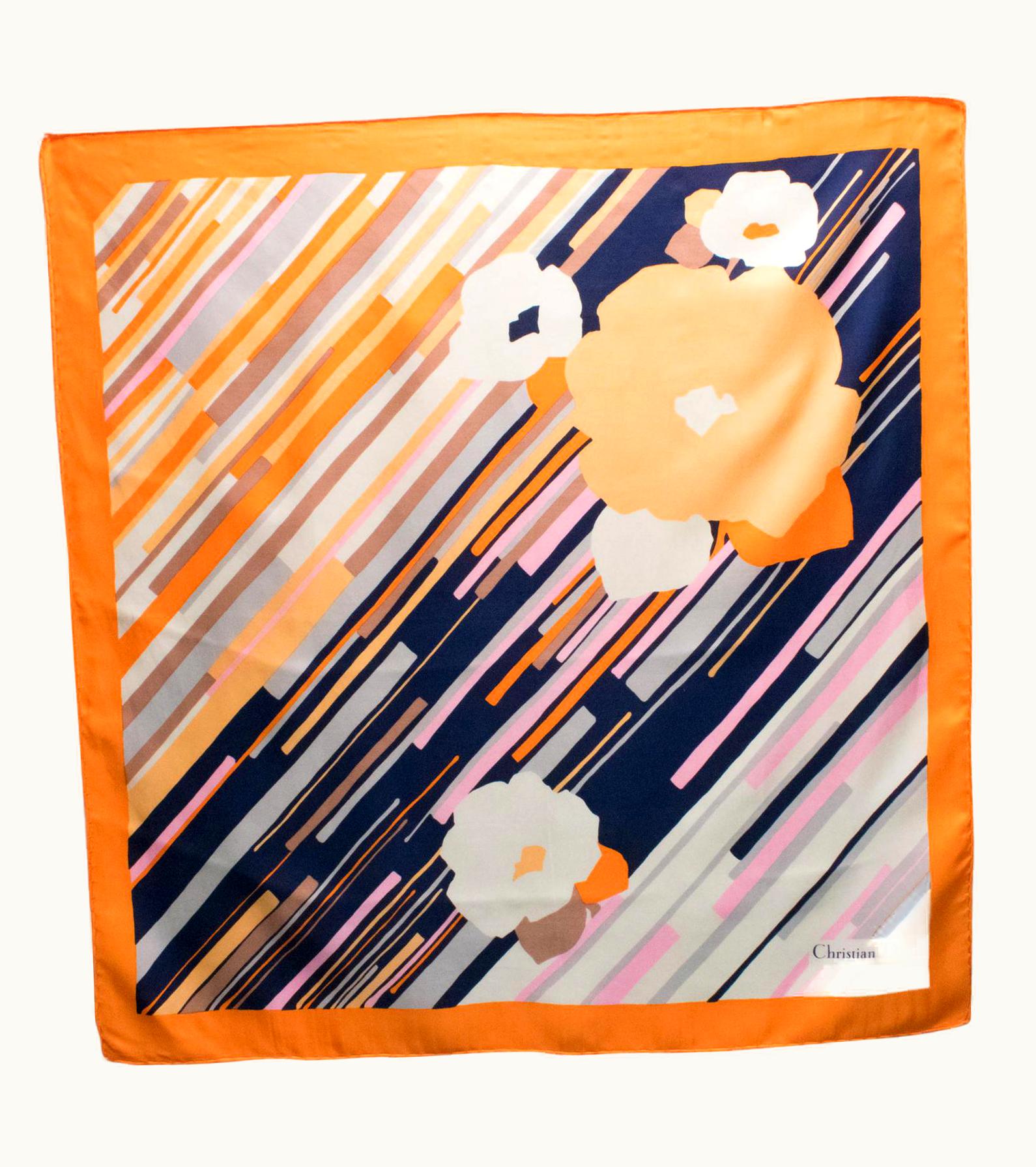 Dior Christian Dior Paris Silk Scarf Navy Blue And Orange Floral Print