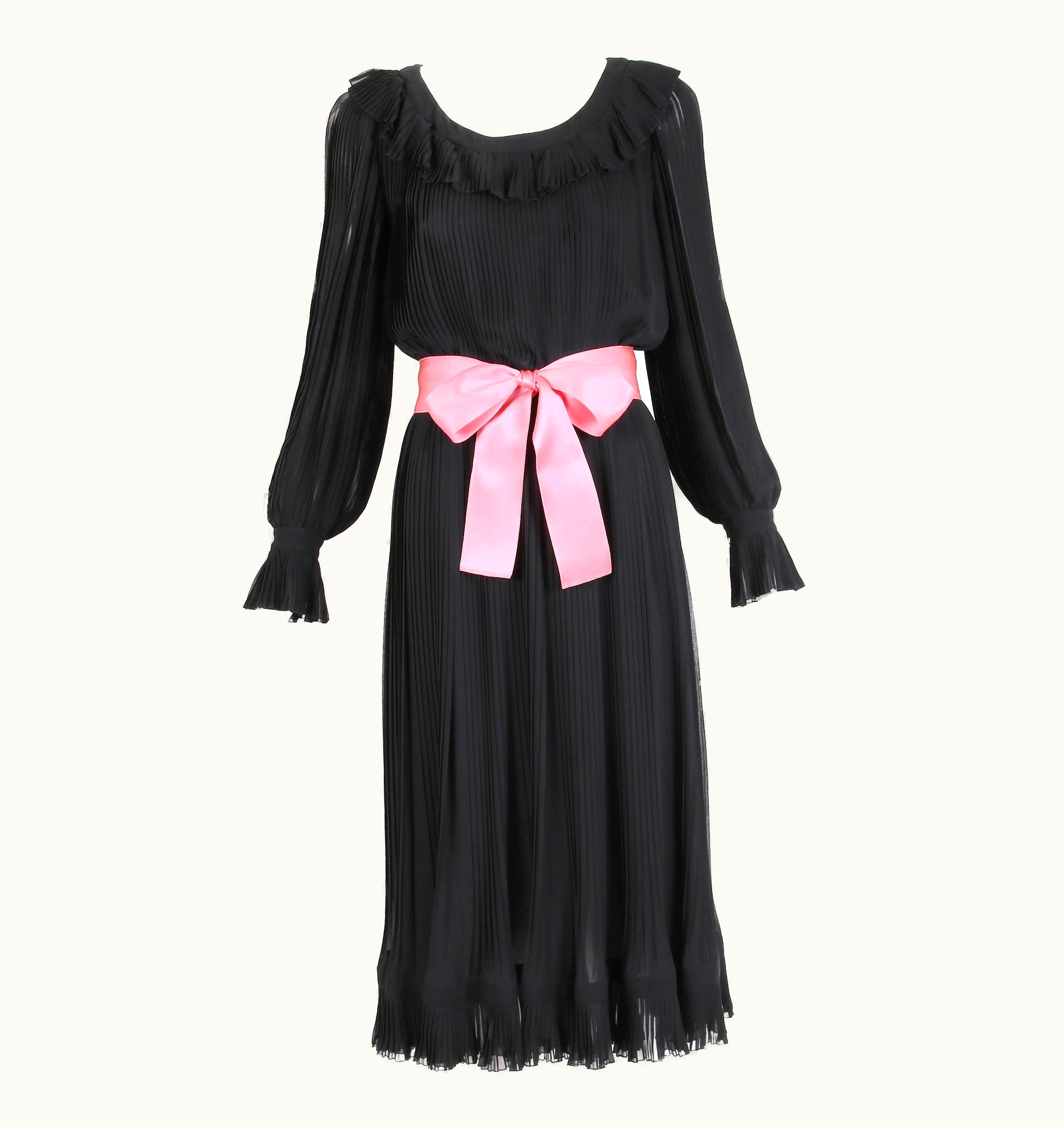 Dior 1974 Christian Dior Haute Couture Black Silk Chiffon Pleated Dress No.00299I