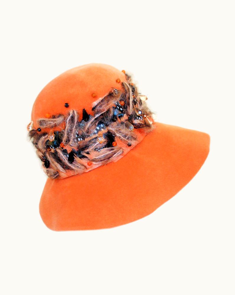 Dior Christian Dior Chapeaux Orange Floppy Hat WS/S Feathers, Yarn, & Beads