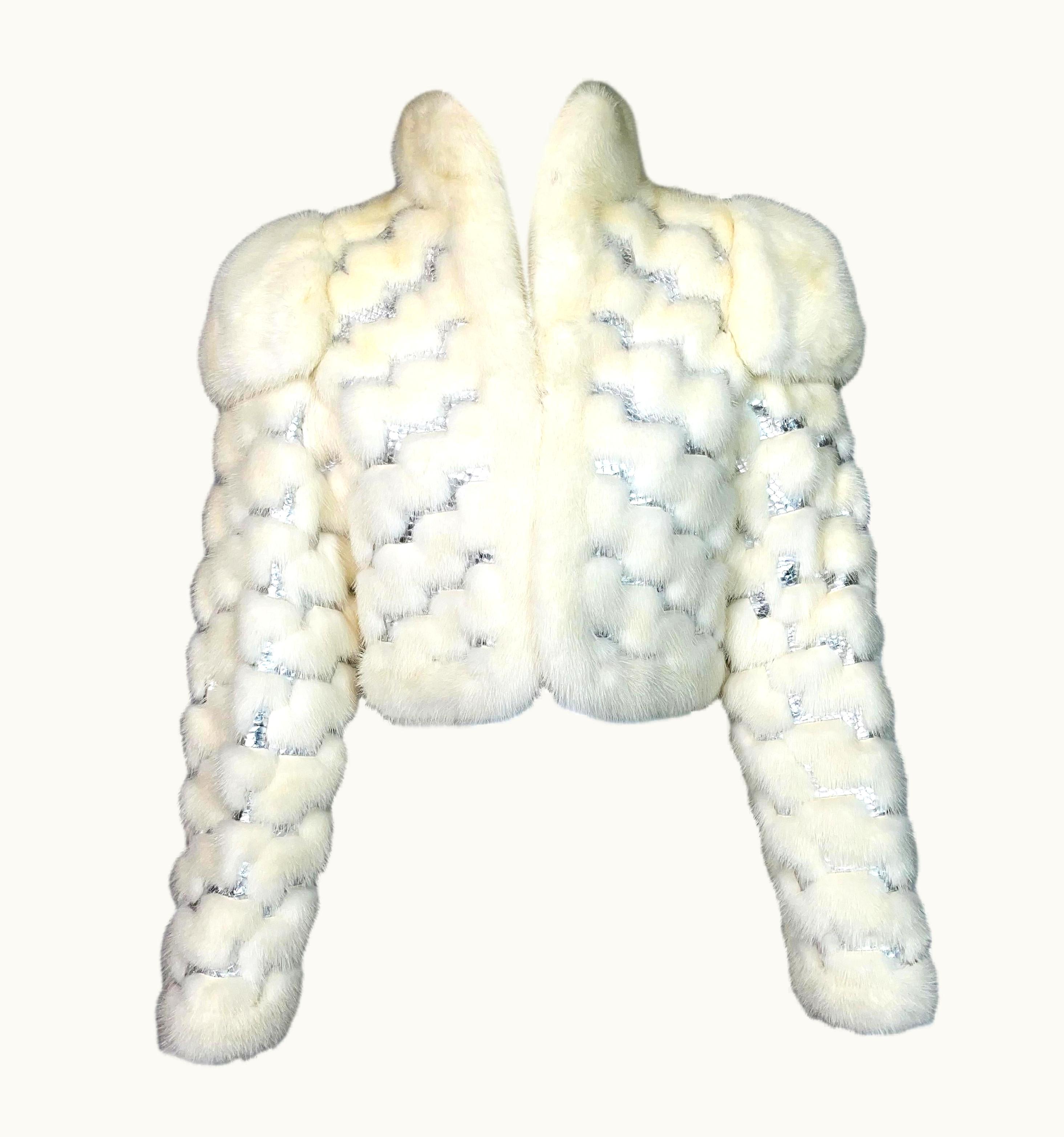 Dior Vintage 1970' Christian Dior White Mink Fur & Silver Snakeskin Cropped Jacket