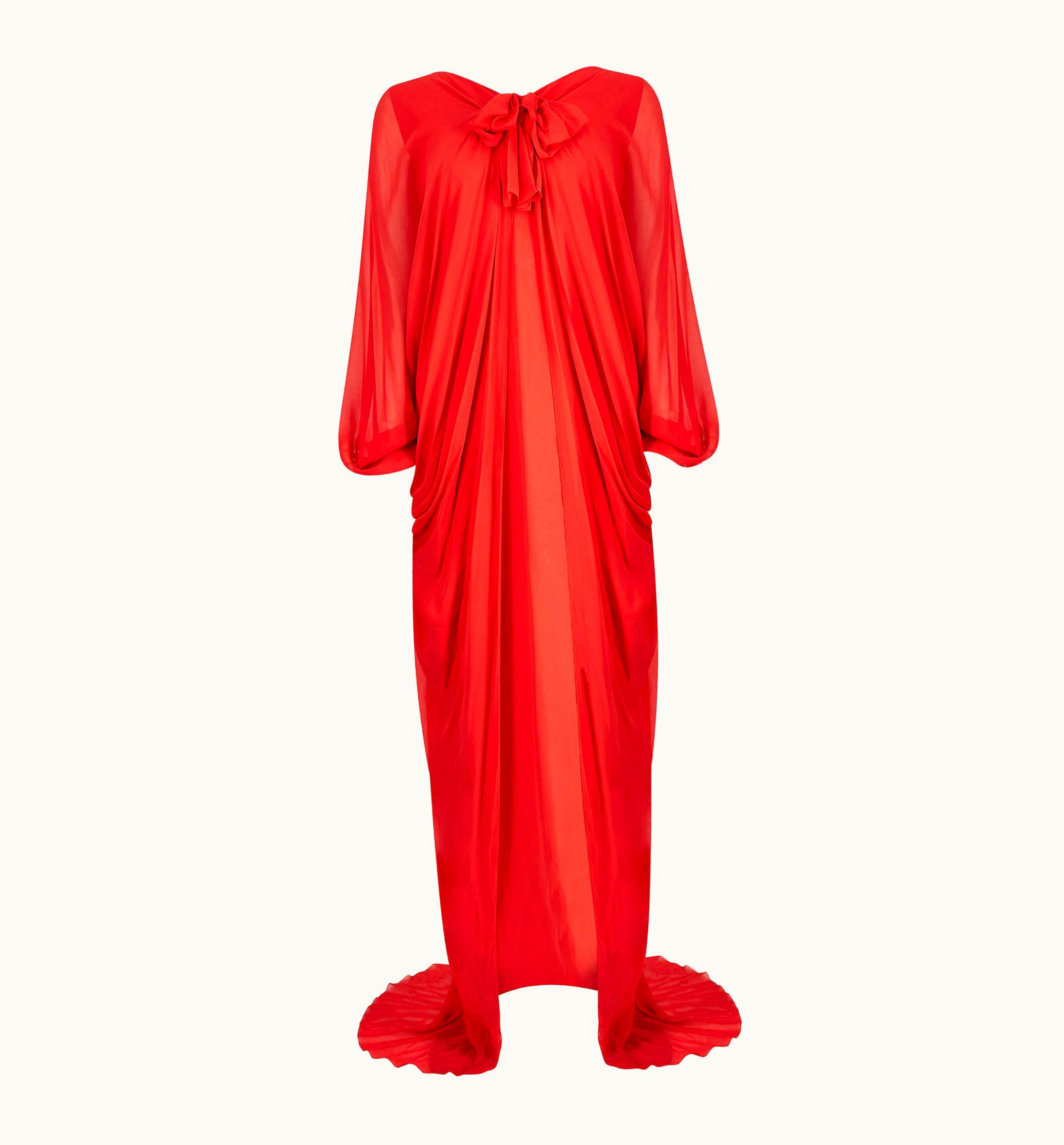 Dior 1970s Christian Dior Demi Couture Red Silk Chiffon Gown