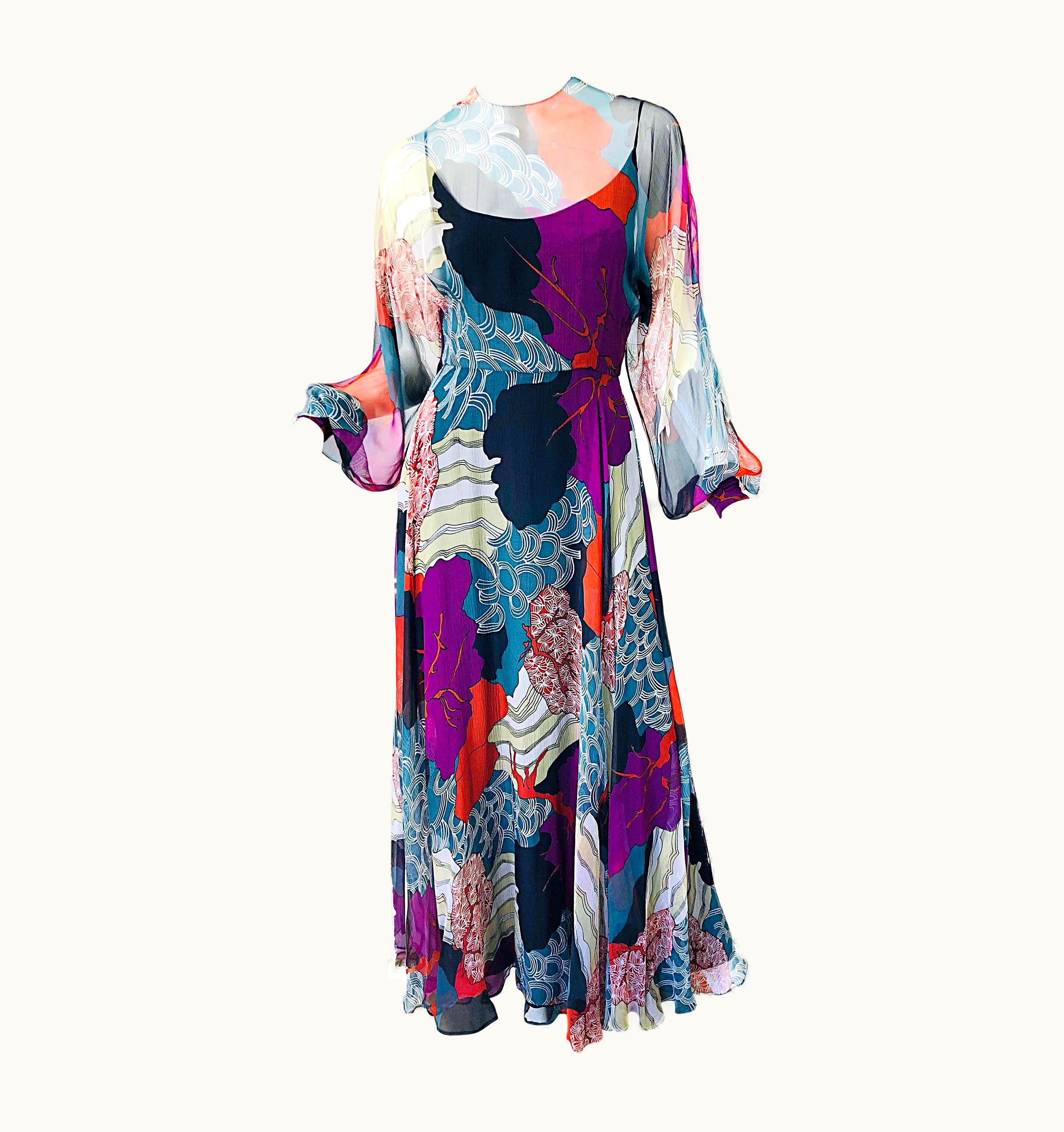 Dior 1970s Christian Dior By Marc Bohan Hiroshige Wave Silk Chiffon Vintage 70s Gown